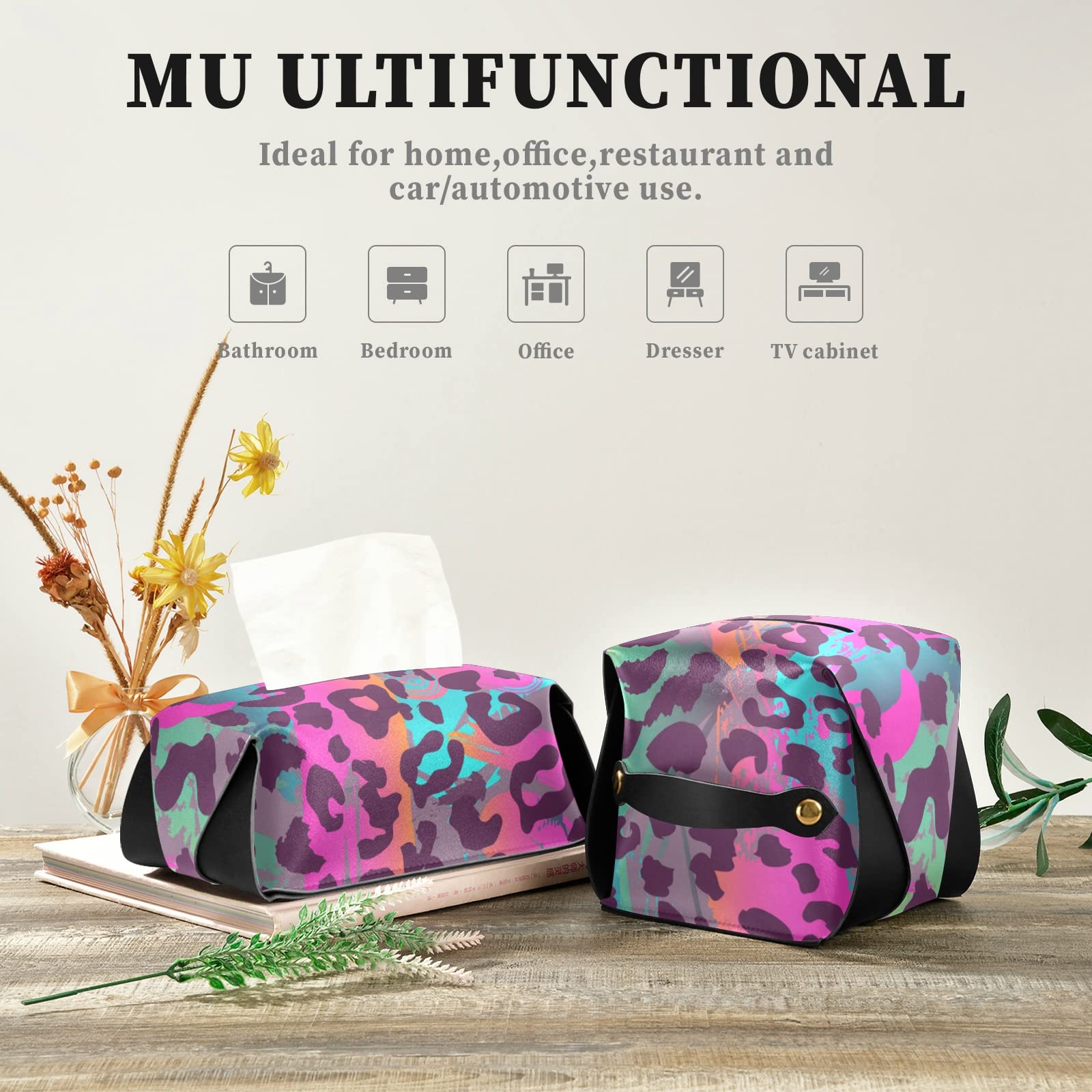 Rainbow Leopard Print PU Leather Tissue Box Cover - Rectangular Bathroom & Countertop Organizer with Handle for Home, Office, Living Room Decor