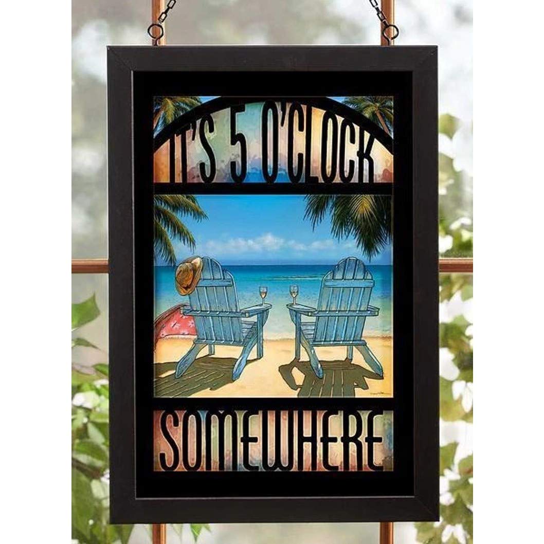 Wild Wings 5386498032 Stained Glass Art - 20-Inch Tall Handcrafted 'It's 5 O'Clock Somewhere' Wall Decor - Perfect for Home Bar, Man Cave, or Office Decor