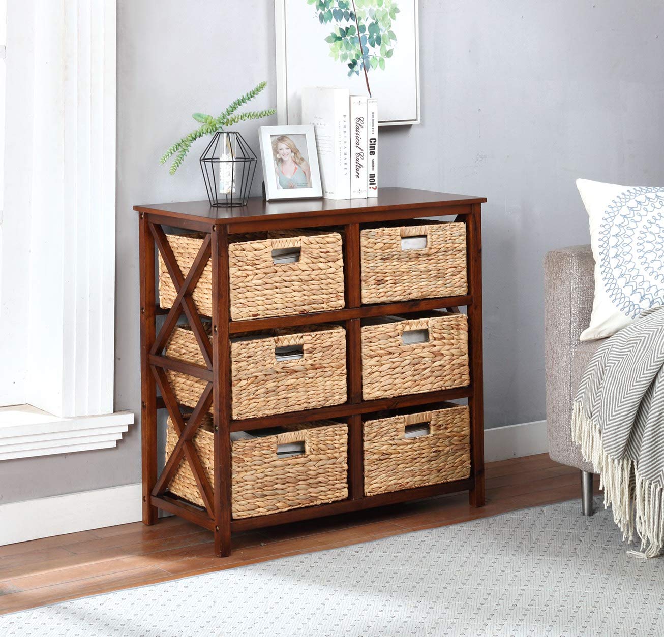 3-Tier X-Side End Table Storage Cabinet with 6 Wicker Baskets - Walnut Finish for Living Room, Bedroom, or Entryway Organization