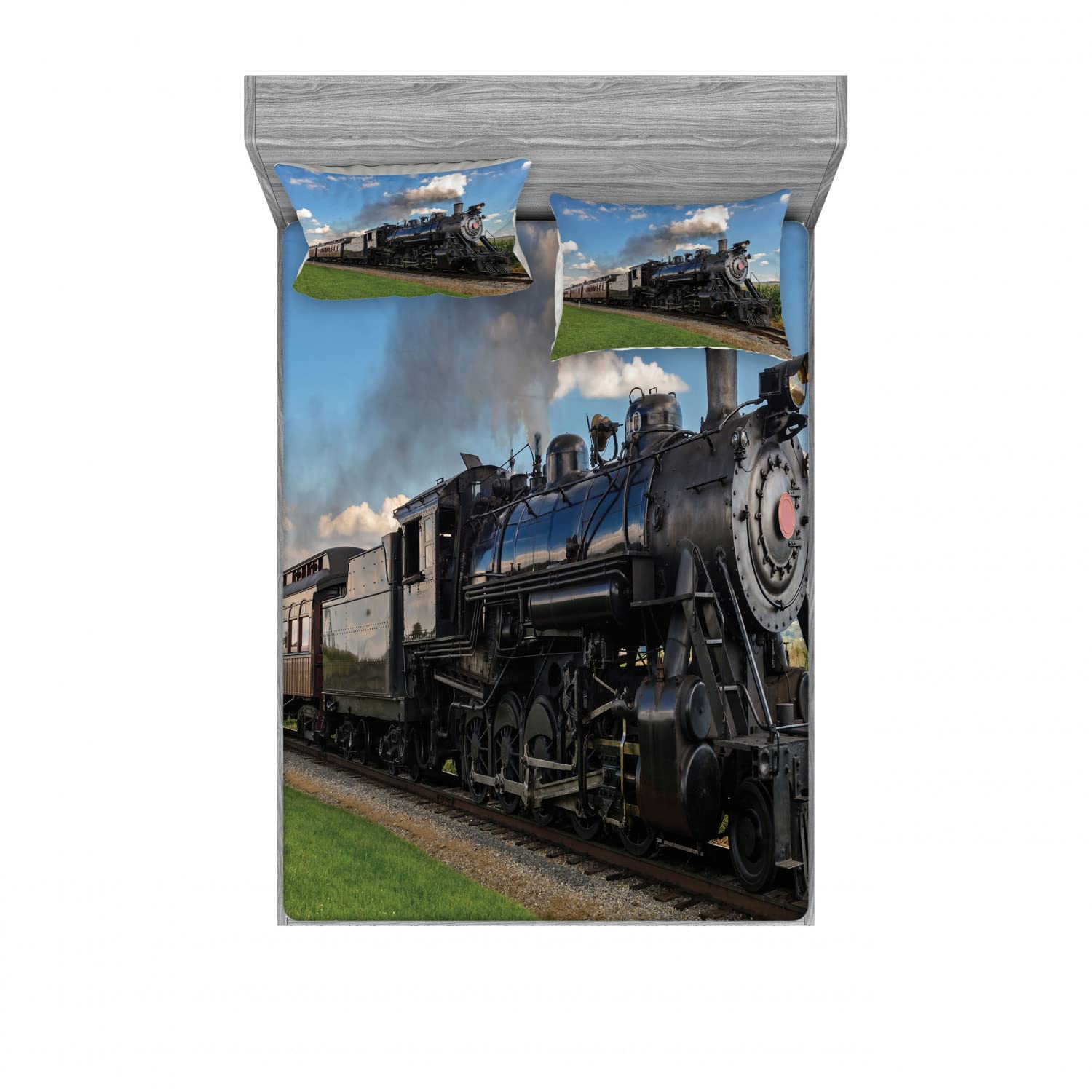 Ambesonne 4-Piece Steam Engine Train Bedding Set - 2 King Size Fitted Sheets & 2 Pillow Shams, Blue Green Black Countryside Design | Perfect for Train Enthusiasts' Bedrooms, Themed Guest Rooms & Railroad Decor