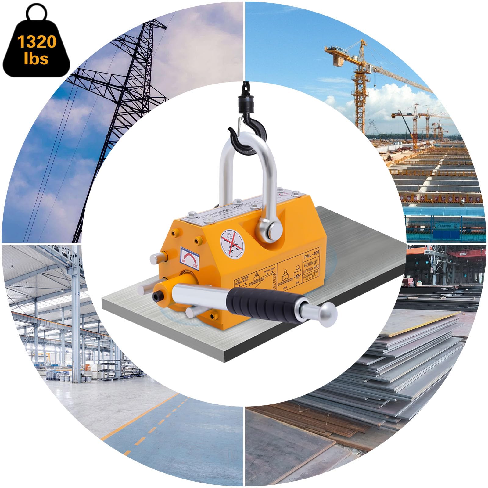 Heavy Duty Magnetic Lifter - 1320 lbs Lifting Capacity, Permanent Lift Magnet with Quick Release for Steel Handling | Ideal for Hoists, Dock Work, Shop Cranes, Construction Blocks & Wooden Boards | Industrial Strength Magnet for Metal Workshop & Warehouse Use