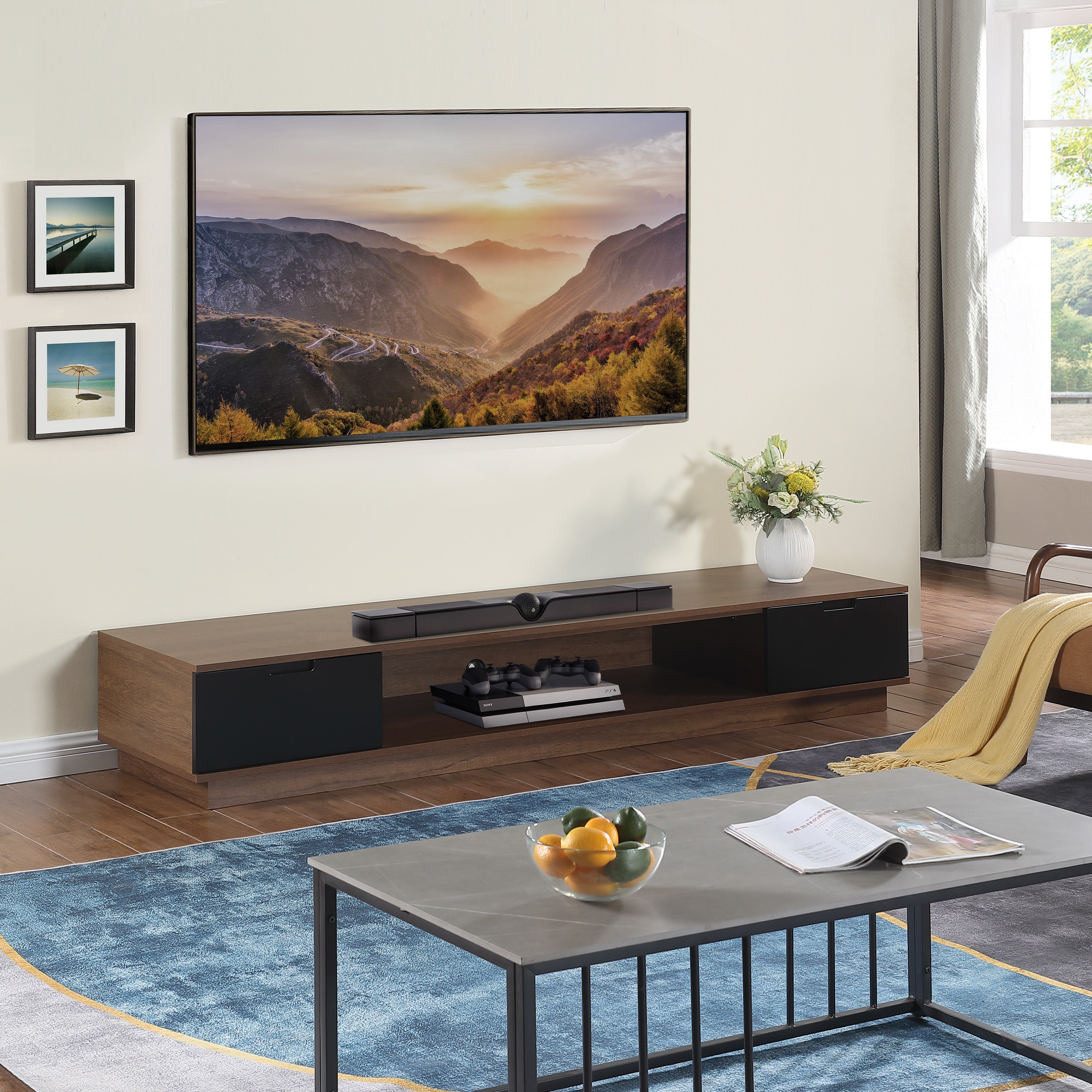 Taurs Dark Oak Rio Entertainment Center - 2200mm Low Line TV Cabinet & Media Console for Living Room, Home Theater & Gaming Setup
