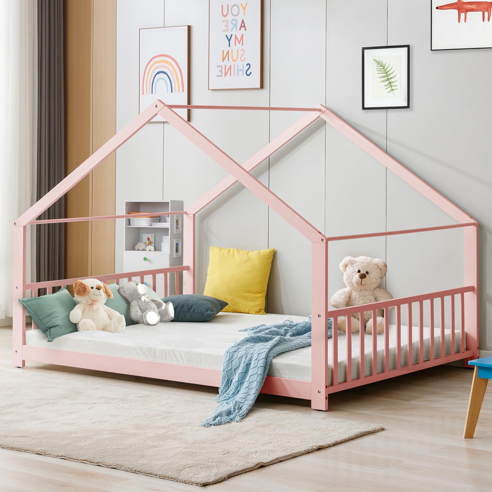 Montessori Full Size Floor Bed for Kids - Wooden House Bed Frame with Roof - Toddler Bed for Boys & Girls - Pink - Perfect for Bedrooms, Playrooms & Montessori Learning Spaces