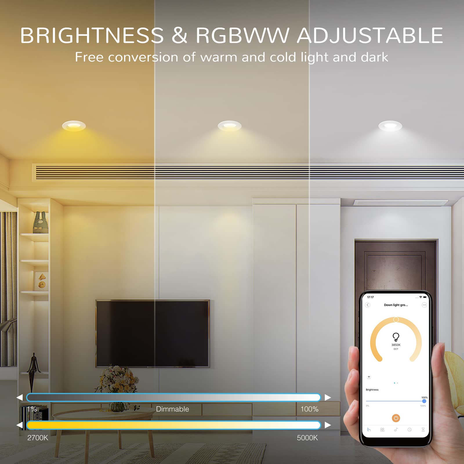 JJC 5/6 Inch Smart LED Recessed Lights - RGBWW Color Changing Ceiling Lights, 12W 900LM, 2700K-5000K Dimmable Downlight, 4 Pack - Perfect for Living Room, Bedroom, Kitchen & Home Theater Lighting