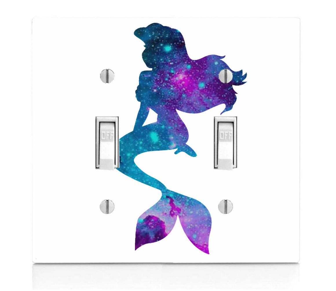 Trendy Galaxy Mermaid Silhouette Double Light Switch Cover - Decorative Plastic Wall Plate with Nebula Design for Bedroom, Living Room, and Kids Room Decor
