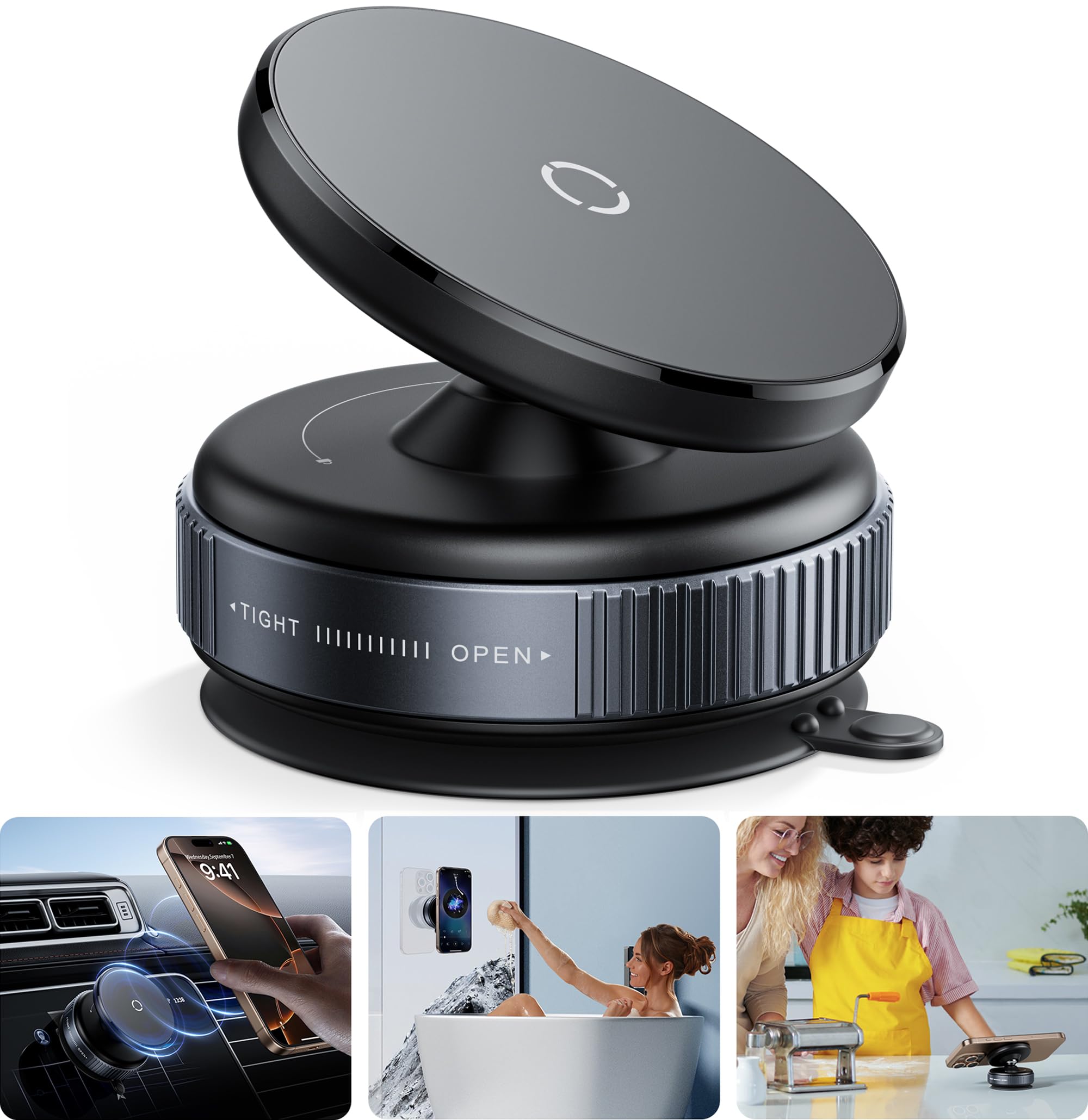 Ultra Strong Magnetic Car Phone Holder - Vacuum Suction Cup Phone Mount for iPhone 15 14 13 12 & Android - Secure Hands-Free Car Accessories (Black) - Perfect for Commuting, Road Trips & GPS Navigation