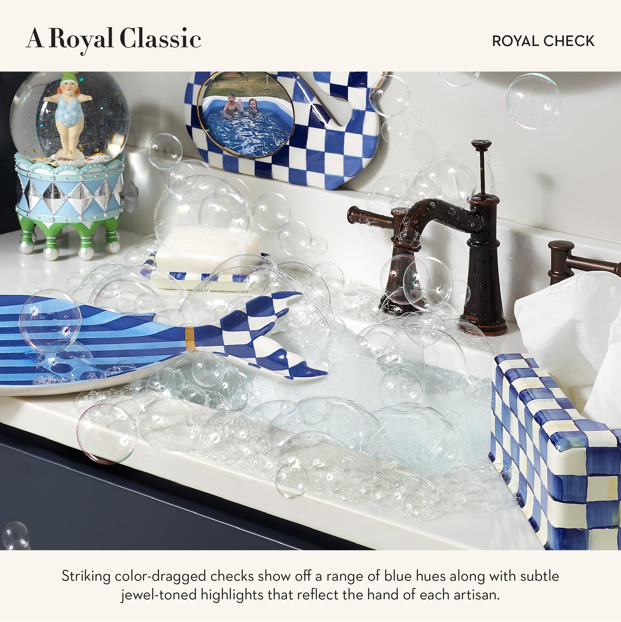 MACKENZIE-CHILDS Decorative Waste Bin - Blue and White Royal Check Trash Can for Bedroom, Bathroom, Office & Home Decor | Stylish Small Garbage Bin for Waste Disposal