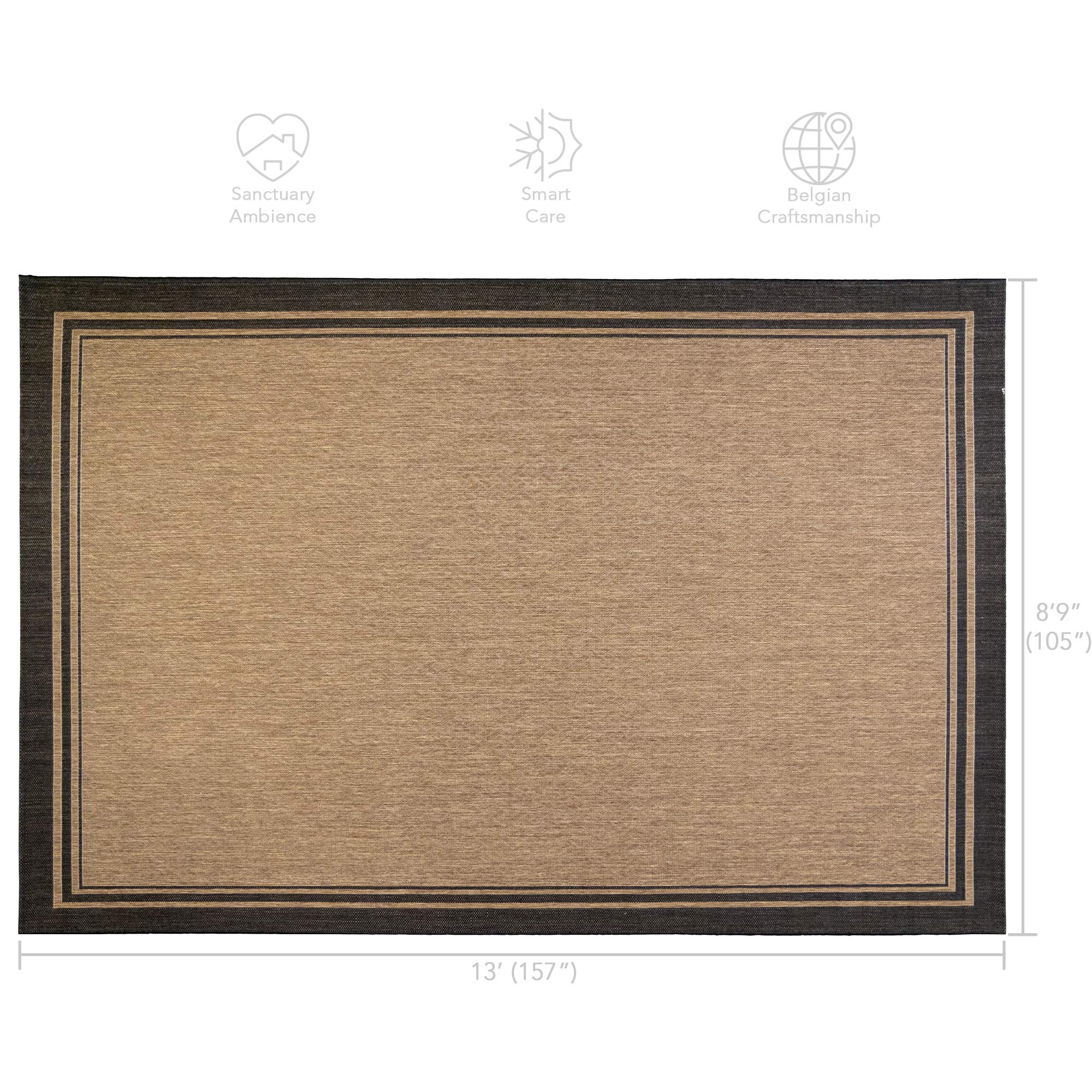 Gertmenian Indoor Outdoor Classic Flatweave Area Rug 9x13 Ft - Stain & UV Resistant Carpet for Deck, Patio, Poolside & Mudroom - Extra Large Simple Border Black Tan Rug (22012) - Perfect for Outdoor Entertaining, Beach Houses & High-Traffic Areas