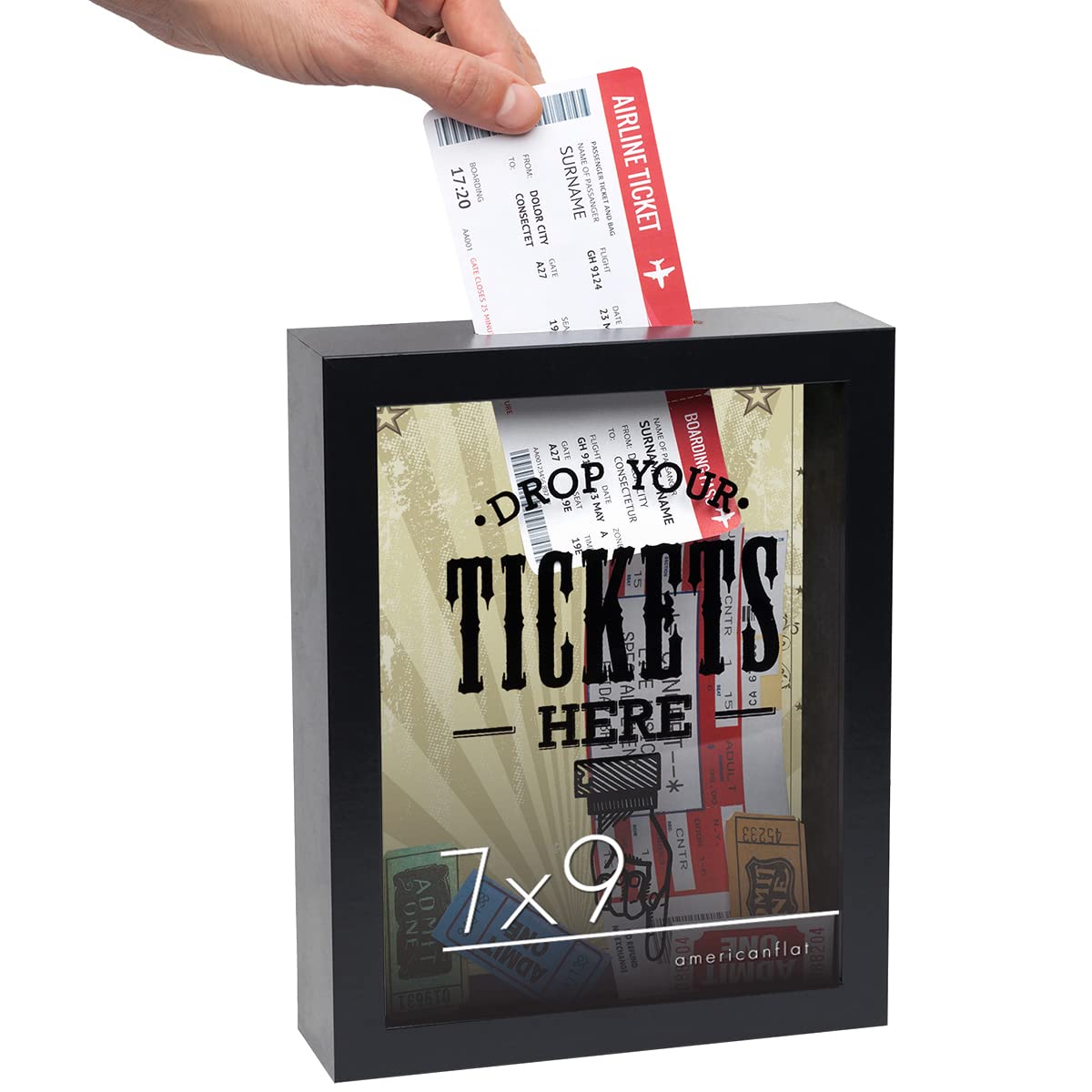 Americanflat 7x9 Inch Black Shadow Box Frame with Polished Glass - Wall Mount Ticket Display Case for Sports, Concert & Movie Stubs - Perfect Travel Keepsake Memory Box for Home or Office Decor