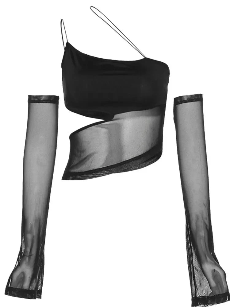 Fairy Grunge Mesh Crop Top with Asymmetrical Cut Out & Sleeves - Transparent Camisole Tank Tops for Women | Perfect for Concerts, Festivals & Edgy Streetwear Outfits