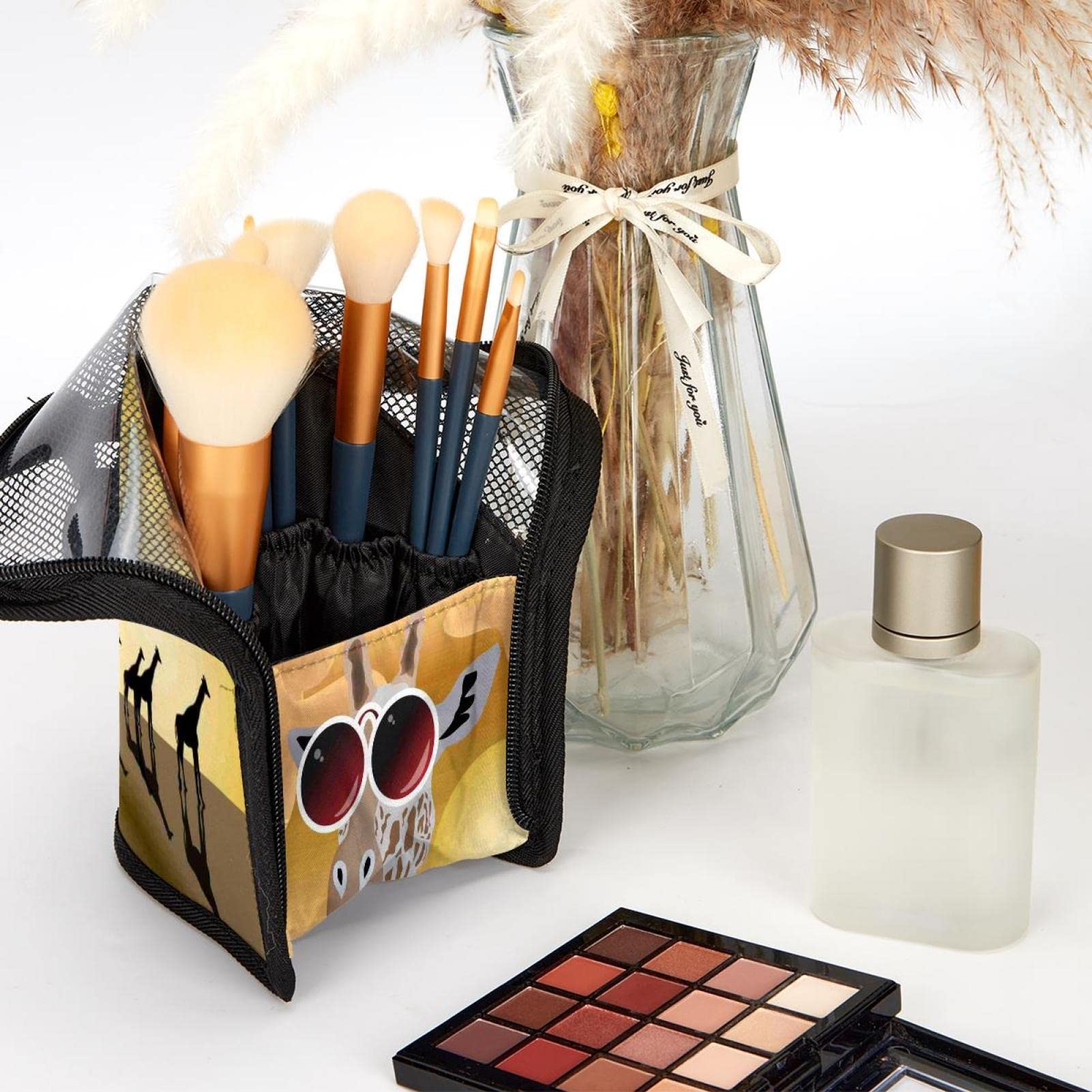 Premium Makeup Brush Organizer Bag with 12 Brushes & Desert Giraffe Glasses - Portable Cosmetic Brush Holder Case for Travel, Home, and Professional Makeup Artists