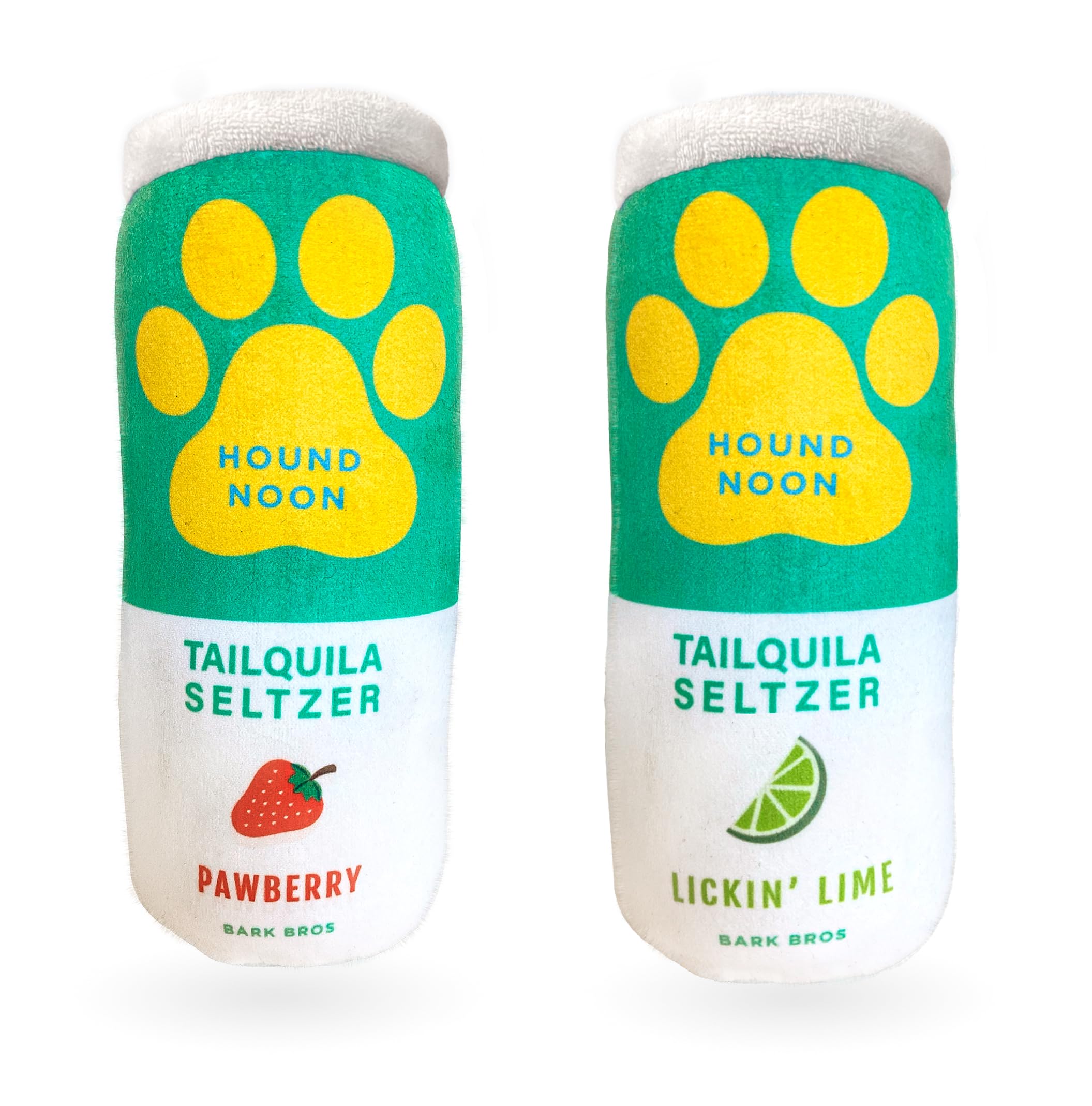 Bark Bros - 2 Pack Plush Squeaky Dog Toys - Funny Drink Parody Alcohol-Themed Dog Chew Toys - Cute Puppy Birthday Gift for Small & Medium Dogs - Perfect for Playtime, Training Rewards & Special Occasions (Hound Noon Tailquila Seltzer Design)