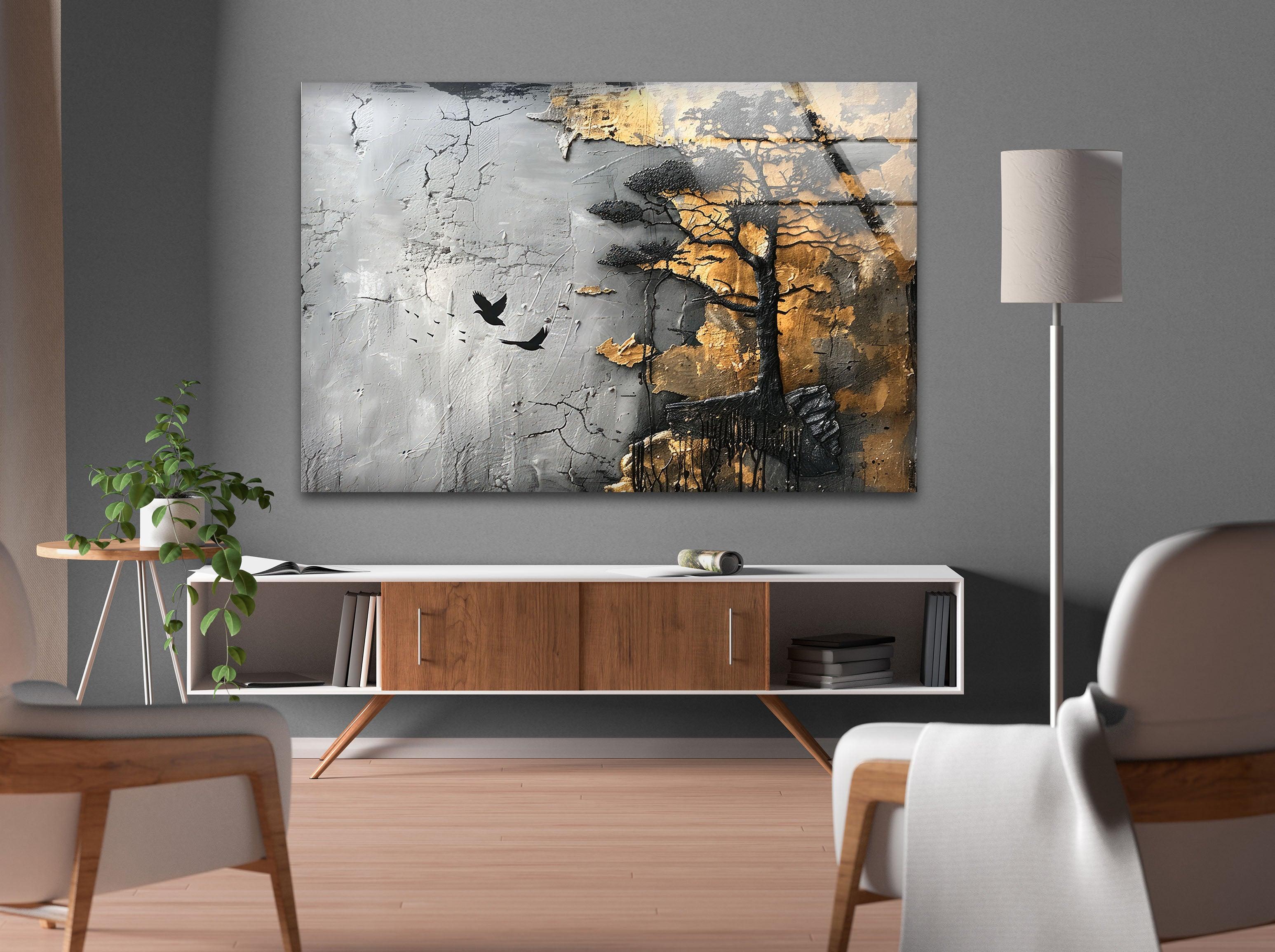 Golden Abstract Glass Wall Art - Modern Black Tree Design for Living Room, Bedroom & Office Decor | Handmade Glass Artwork for Home & Interior Design