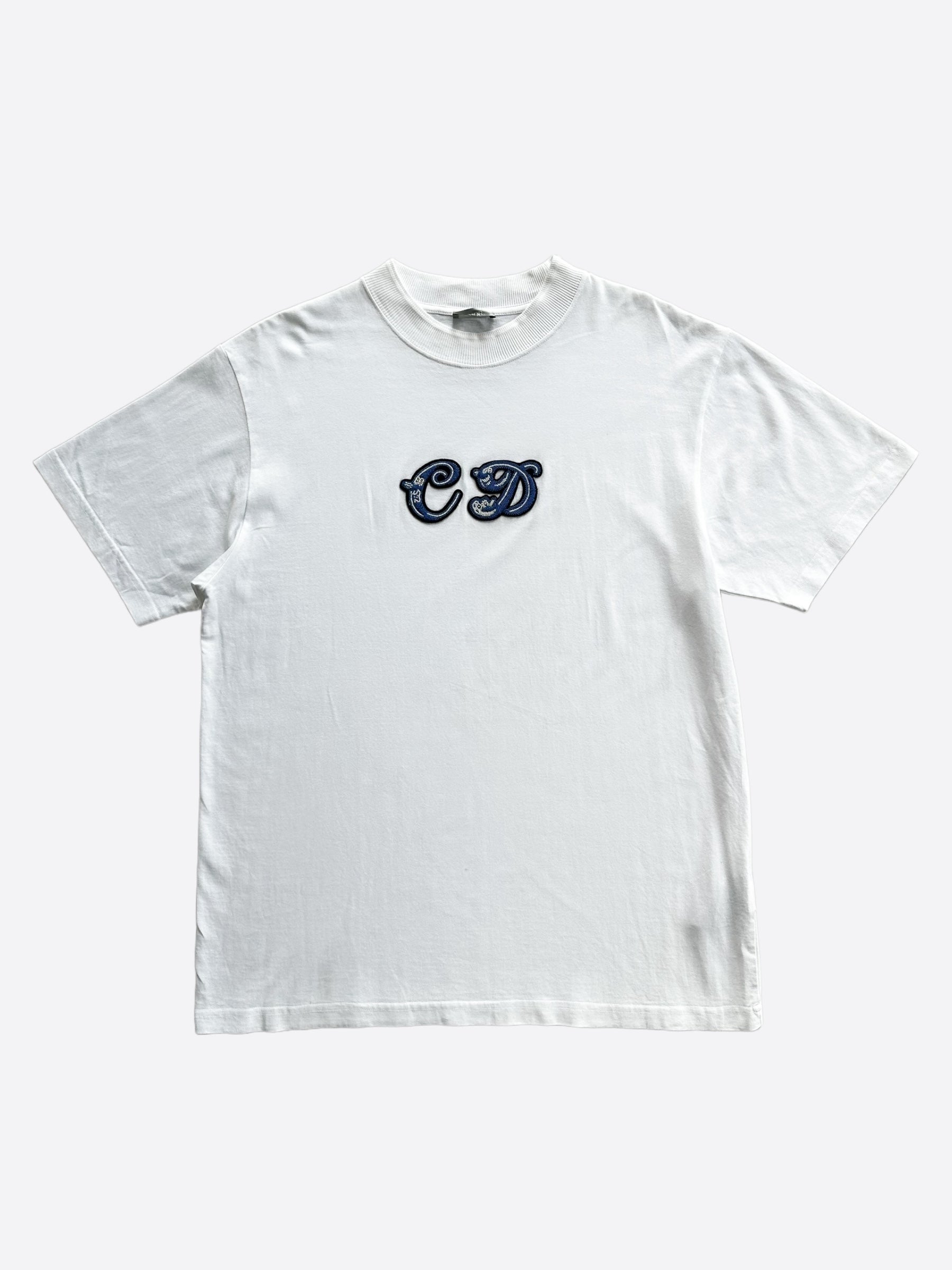 Dior Kenny Scharf White & Blue Embroidered Beads Logo T-Shirt - Stylish Designer Tee for Casual Wear & Street Fashion