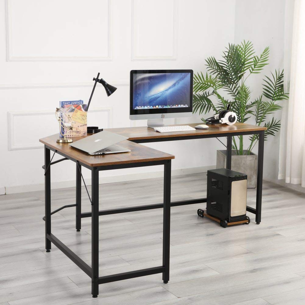 Rustic Brown L-Shaped Corner Desk - Home Office Computer Desk with Wood & Metal Frame for Gaming, Study & Work - Space-Saving Design, Easy Assembly - Perfect for Small Rooms & Home Offices