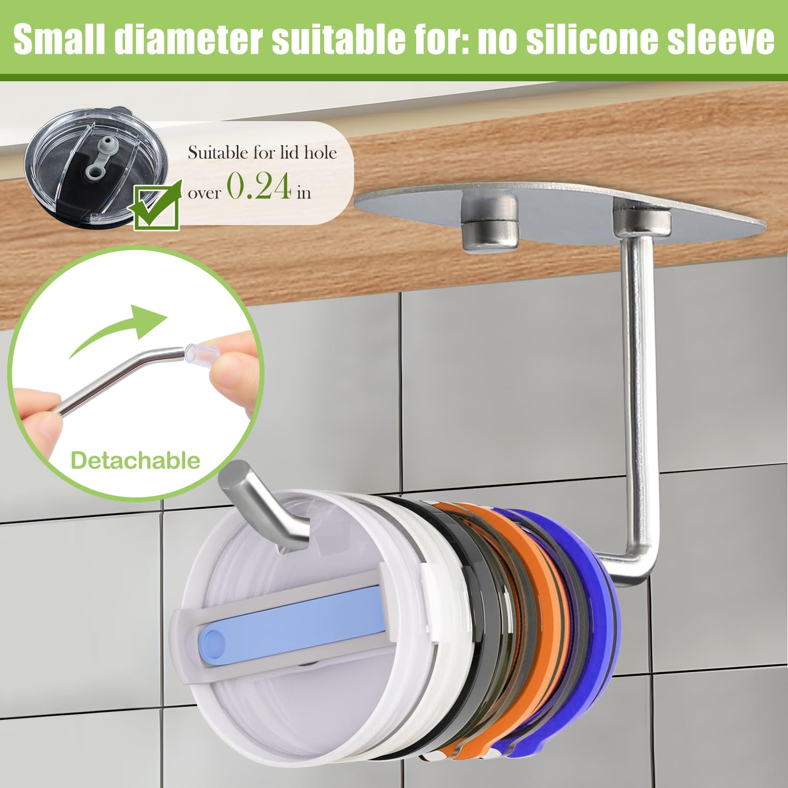 3 Pack Tumbler Lid Organizer - Cup Lid Holder for Stanley & Yeti Tumblers - Self-Adhesive or Drill-Mount Cabinet Hook - Space Saving Kitchen Storage for Cup Lids - Perfect for Pantry, Office & RV Organization
