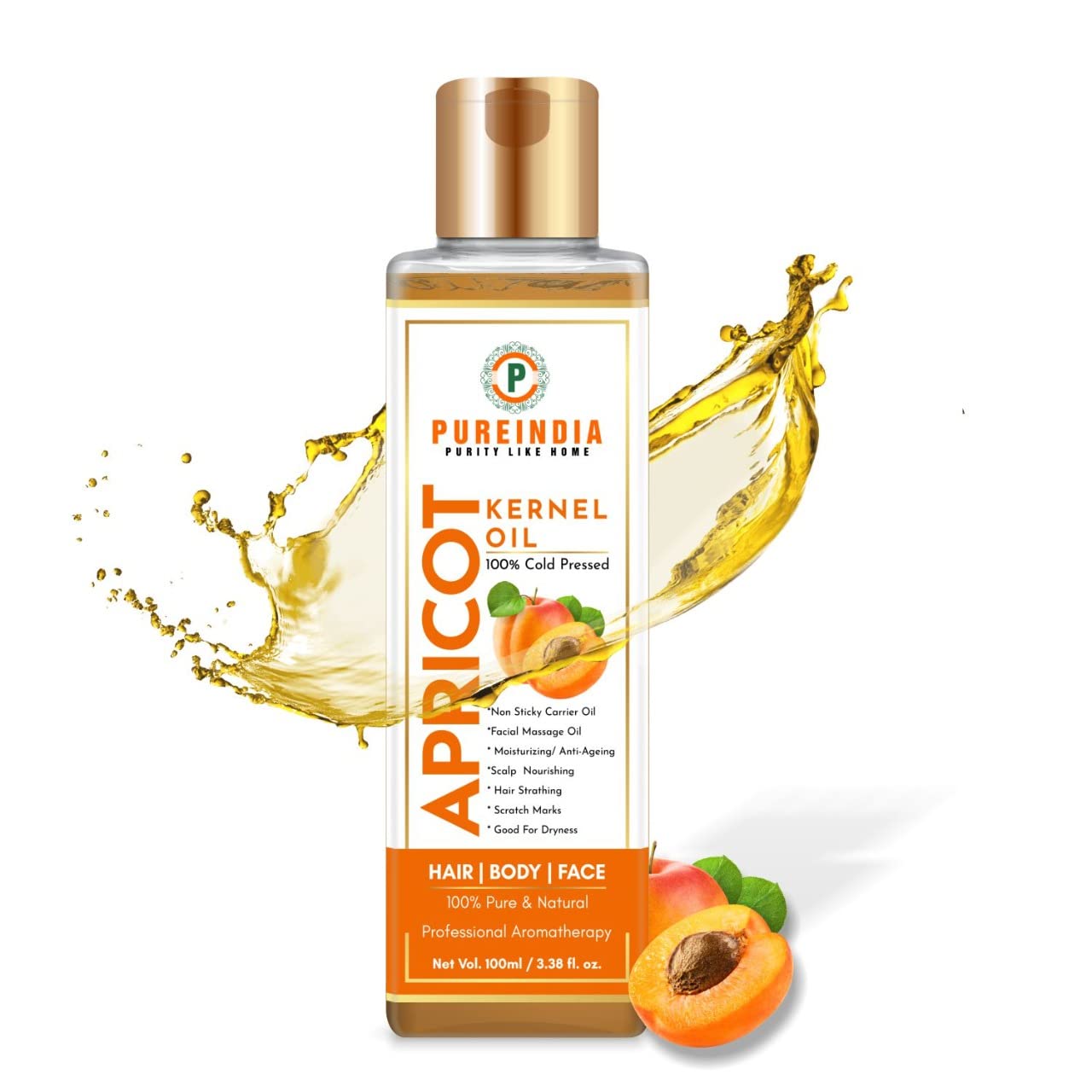 Pure Cold Pressed Apricot Oil for Face, Hair & Body - 100% Natural Anti-Aging Moisturizer for Dry Skin, Hair Growth & Nail Care | 100ml | Ideal for Massage, Aromatherapy & DIY Beauty Recipes