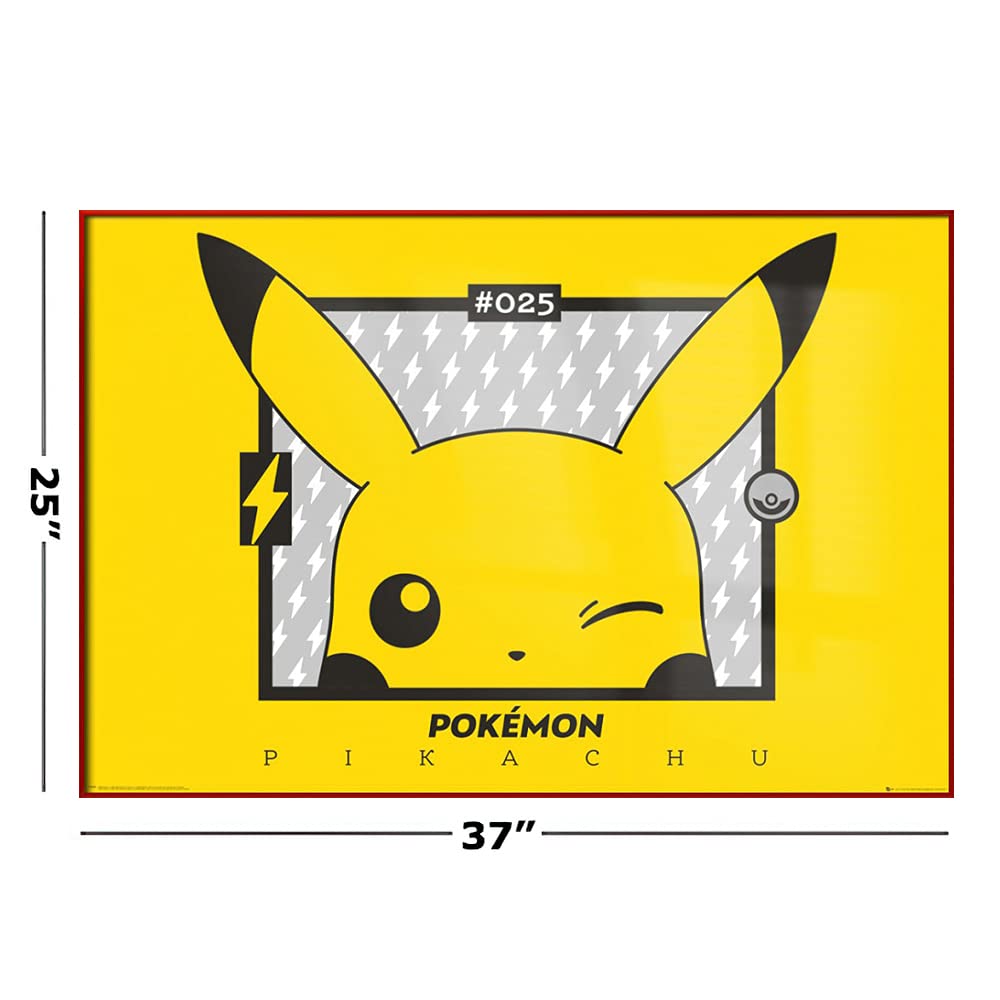 Pokemon Pikachu Winking Framed Poster - 36x24 Inch Anime Wall Art for TV Show & Gaming Fans - Perfect for Bedroom, Game Room & Office Decor