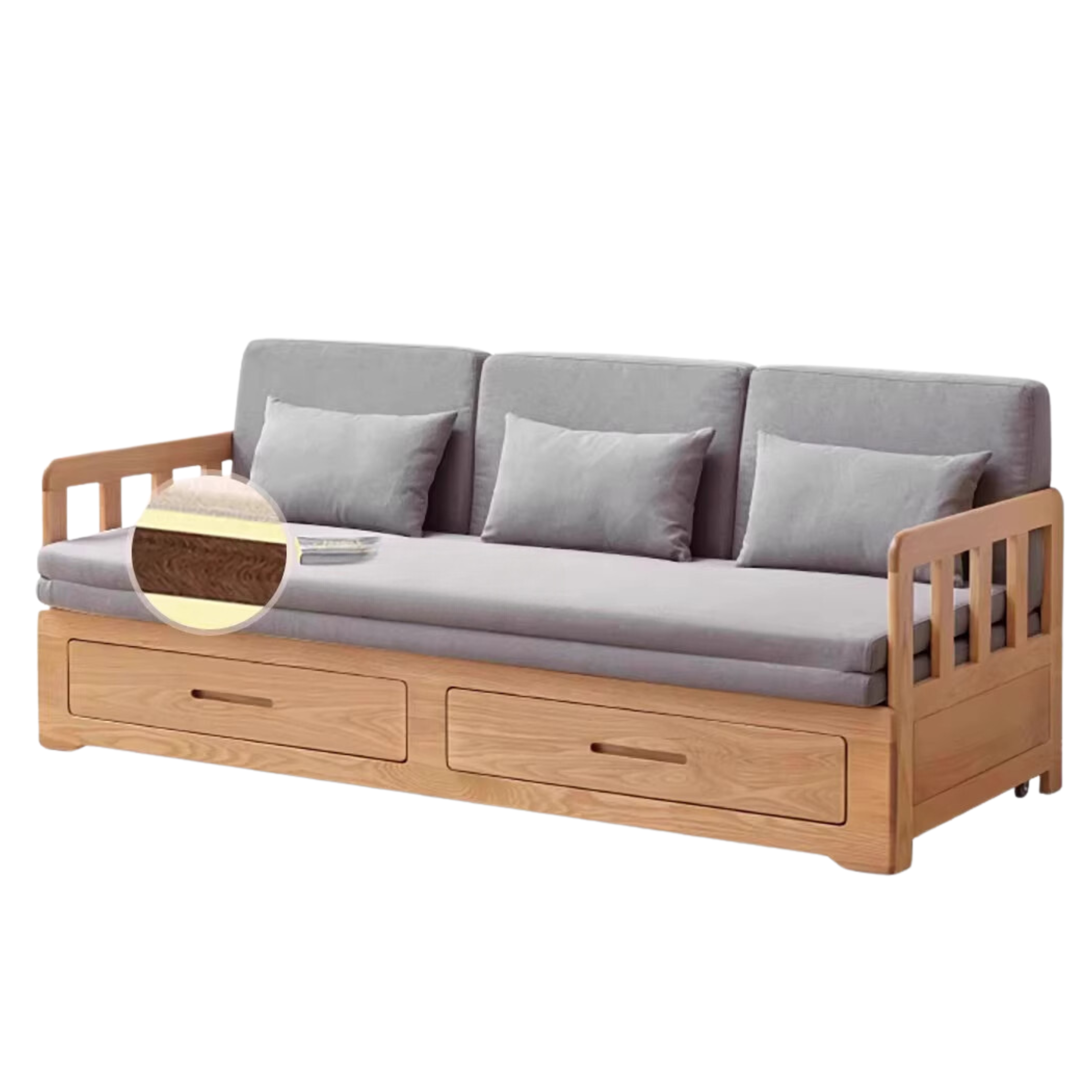 Solid Oak Wood Sofa Bed with Folding & Retractable Storage | Convertible Sleeper for Small Spaces, Guest Rooms & Apartments