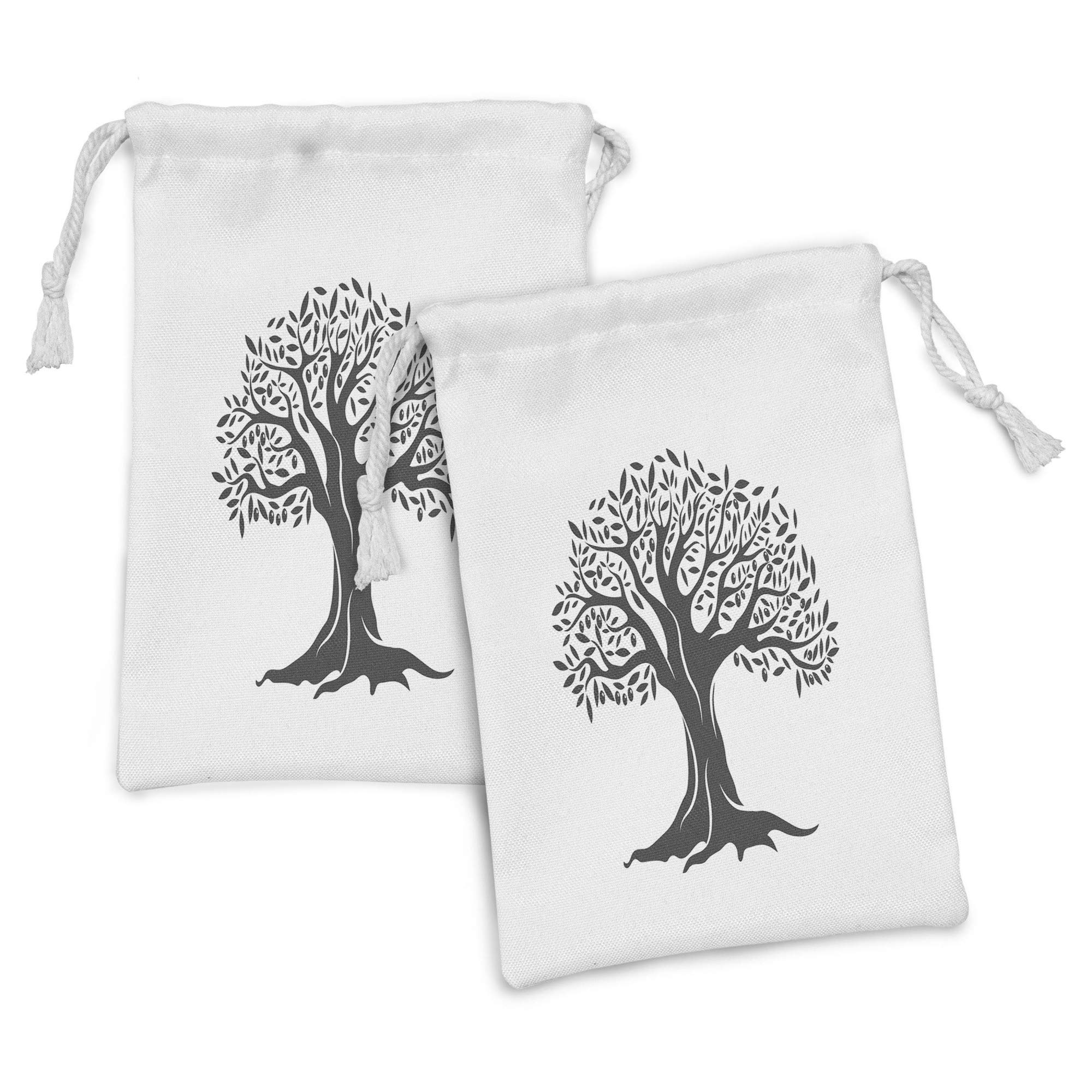 Ambesonne 2-Pack Tree Fabric Pouch Set - Monochrome Botanical Forest Design with Leaves & Olives - 9