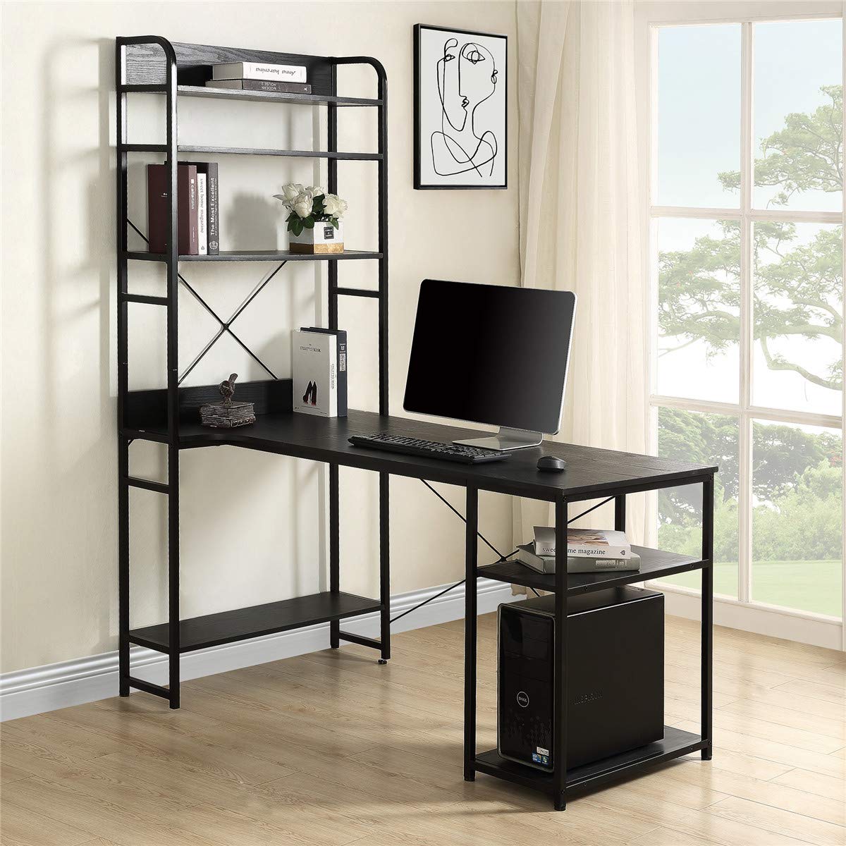 Modern Black MDF Computer Desk with Bookshelf - Sturdy Metal Frame Office Writing Desk with Desktop Display Shelves, Large Study Workstation for Home Office, Gaming Setup & Remote Work