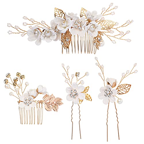 NUOBESTY Bridal Pearl Hair Accessories Set - 4pcs Rhinestone & Pearl Tiara, U-Shaped Hair Clips, Hair Combs for Weddings, Prom, Special Occasions - Elegant White Bridal Hair Jewelry