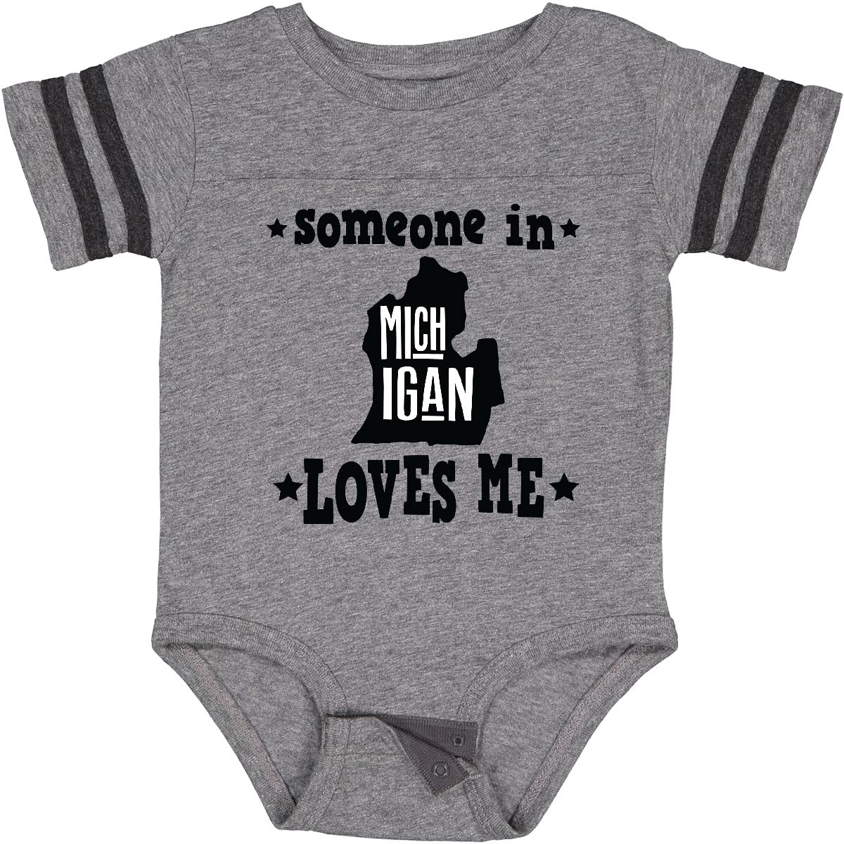 Inktastic Michigan Travel Gift Baby Bodysuit - 'Someone Loves Me' Cute Infant Onesie for Road Trips & Family Vacations