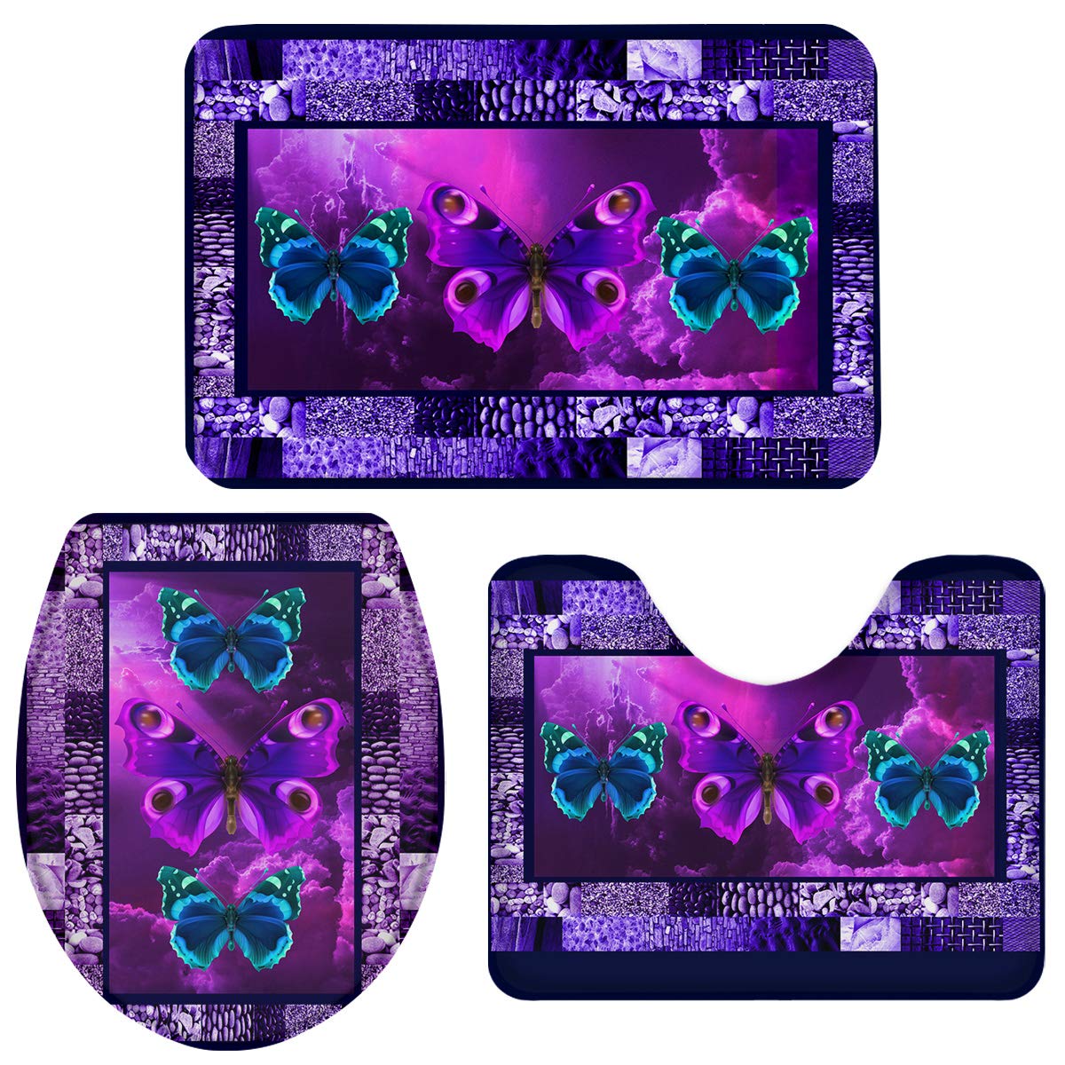 3-Piece Non-Slip Bathroom Rug Set - Purple Butterfly Crystal Emotion Design | Water Absorbent Toilet Mat, Washable Bath Doormat & Seat Cover | Cobblestone Plaid Pattern for Bathroom Decor | Perfect for Master Bath, Guest Bath & Apartment Bathrooms