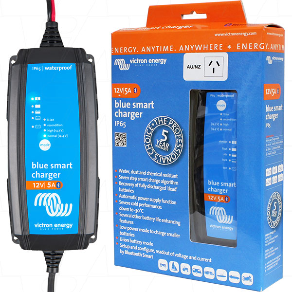 Blue Smart IP65s SLA LiFePO4 Battery Charger 12V 5A with Alligator Clips - Perfect for Marine, RV, Motorcycle, and Off-Grid Power Systems