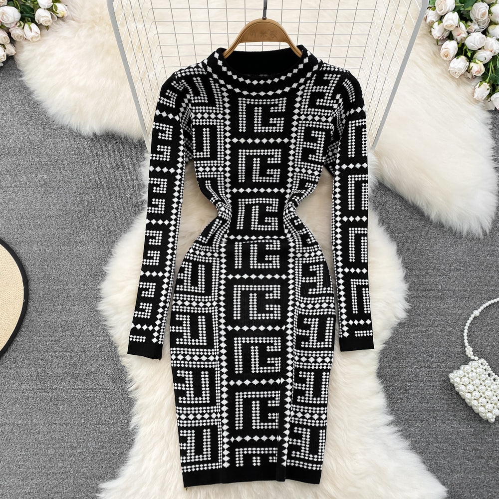 Vintage Knit Sweater Dress for Women - Autumn Sheath Skirt with Long Sleeves | Cozy Fall Outfit for Office, Date Night & Casual Wear