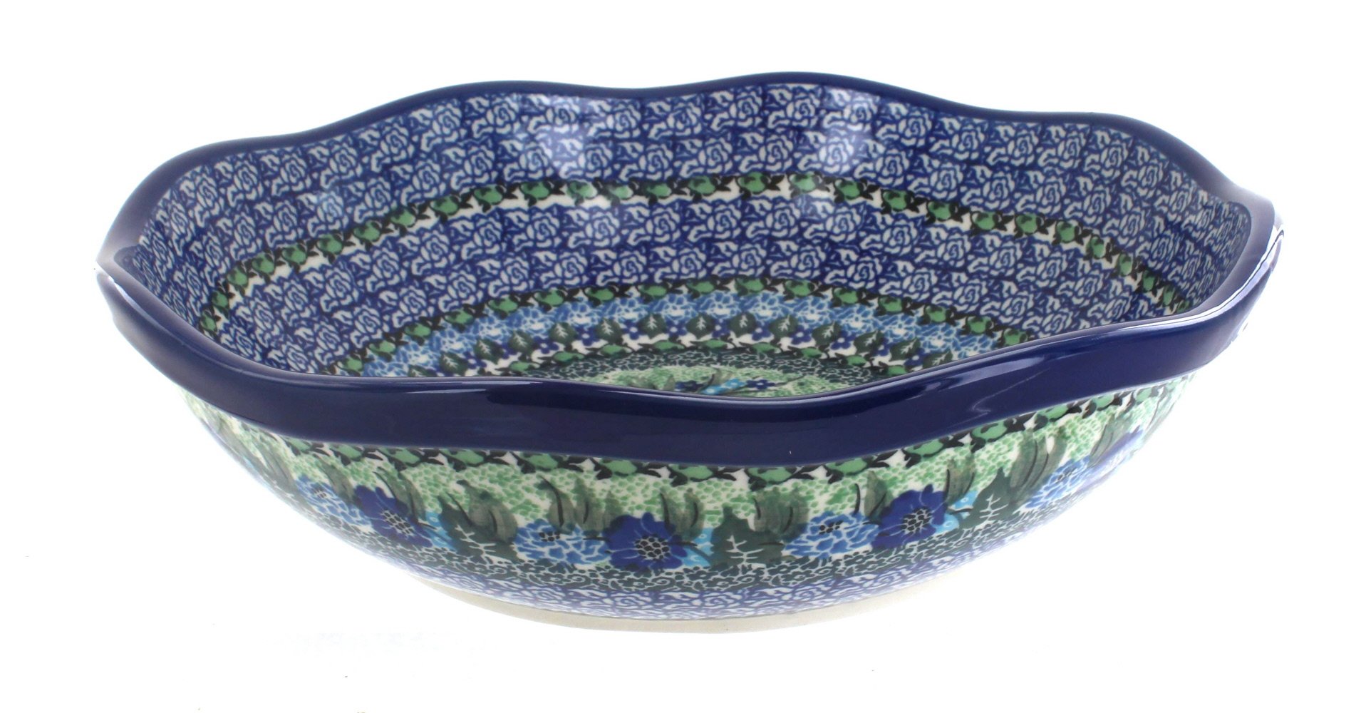 Blue Rose Polish Pottery Sapphire Fields Large Scallop Bowl - Handmade Ceramic Serving Dish for Soup, Salad, Pasta | Perfect for Dinner Parties, Home Decor & Gift Giving
