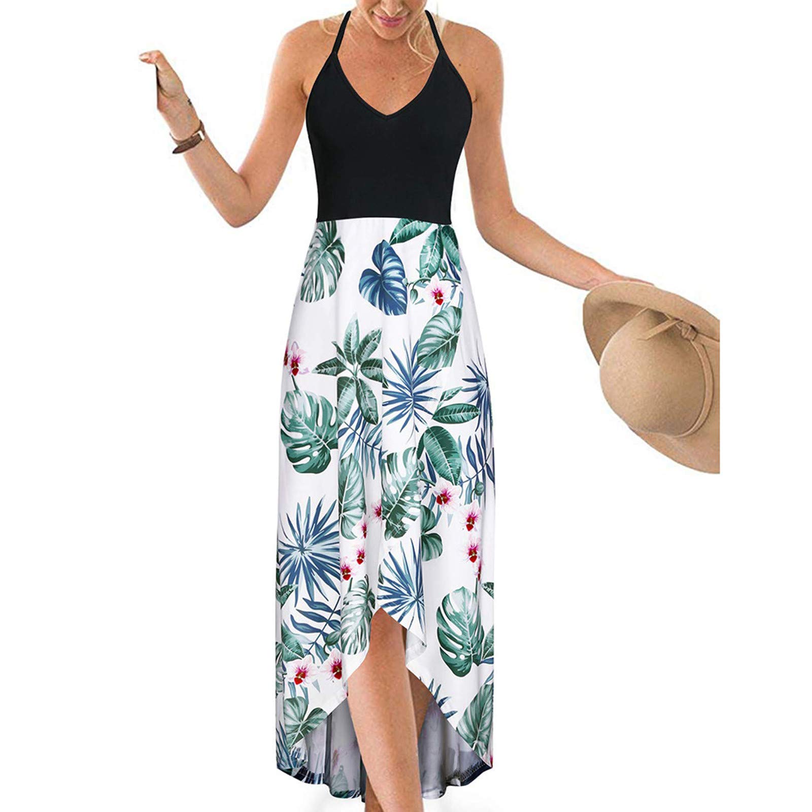 Zieglen Women's Floral Print Maxi Dress - Sleeveless Strap Open Sundress with Asymmetrical Patchwork Design | Perfect for Beach, Vacation & Summer Outfits