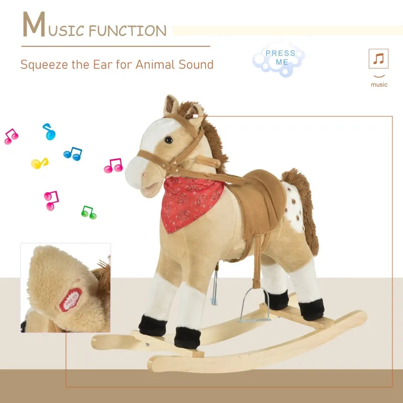 Qaba Kids Plush Ride On Rocking Horse Toy with Realistic Sounds - Soft Rocker for Toddlers 1-3 Years | Cowboy Themed Nursery Decor & Pretend Play Gift