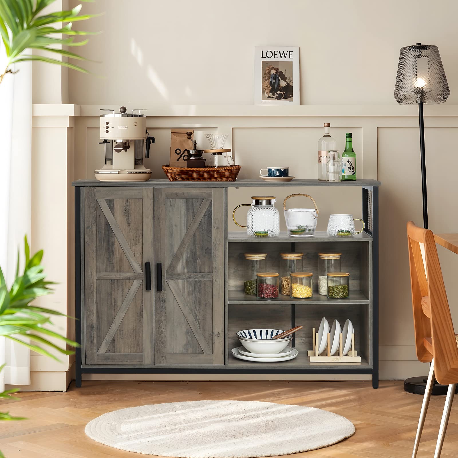 WEENFON Rustic Oak Storage Cabinet with 2 Barn Doors - Adjustable Shelves Industrial Sideboard for Dining Room, Living Room & Kitchen - Perfect for Home Organization, Farmhouse Decor & Extra Storage Space