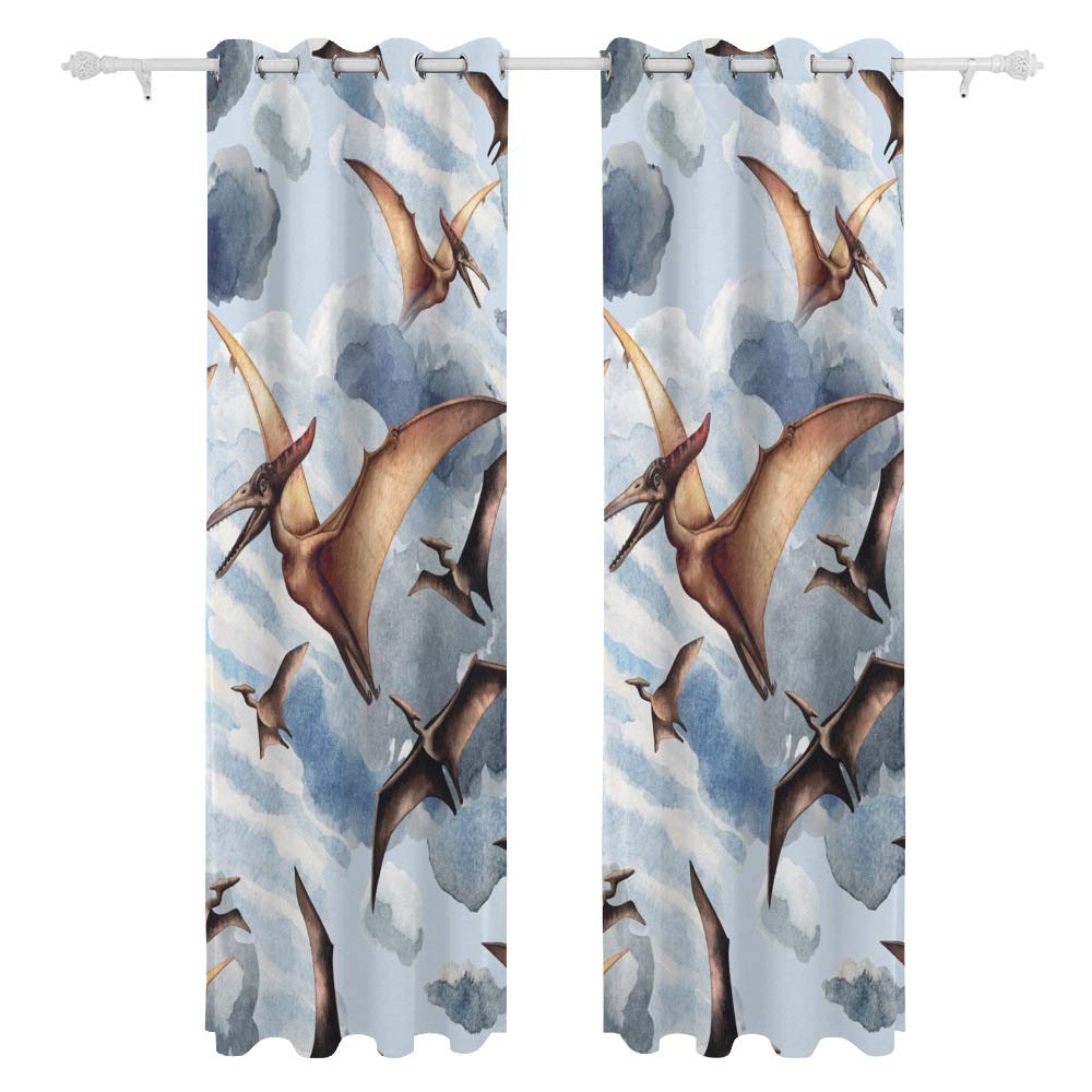 Kuizee Blackout Curtains 84×55 Inch - Sun Blocking Watercolor Pterodactyl Dinosaur Print Grommet Top Window Drapes for Living Room & Bedroom (2 Panels) | Thermal Insulated Noise Reducing for All Seasons | Perfect for Nursery, Home Theater & Light Sleepers