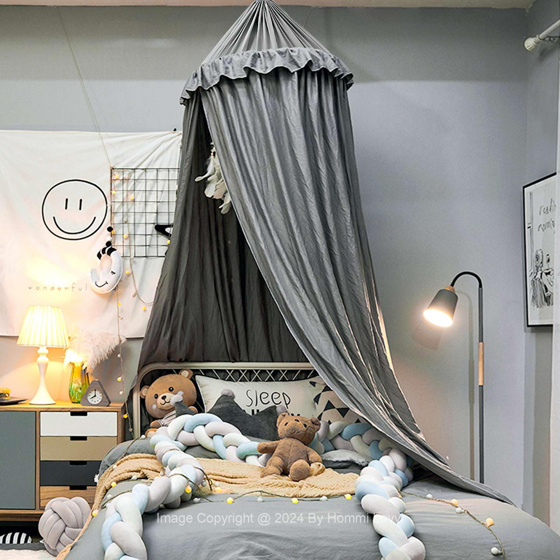 Dreamy Frills Princess Bed Canopy for Girls - Extra Large Full/Queen Size, Soft Grey Ceiling Hanging Canopy Net for Bedroom Decor | Perfect for Reading Nooks, Sleepovers & Fantasy Bedroom Makeovers