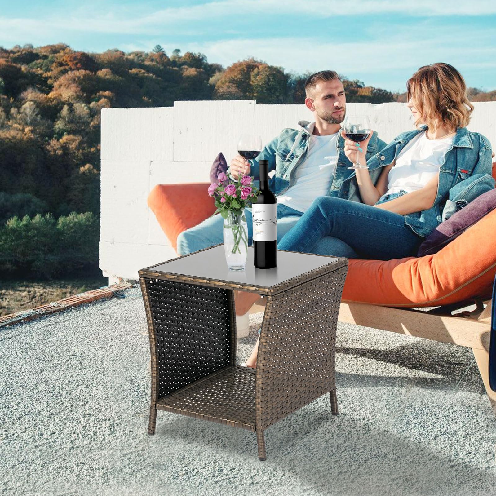 Kinbor Outdoor Side Table - Small Wicker End Table for Porch, Patio, Backyard & Poolside | Weather-Resistant & Easy Maintenance Gold Accent | Perfect for Lounge Chairs, Sunbathing & Outdoor Entertaining