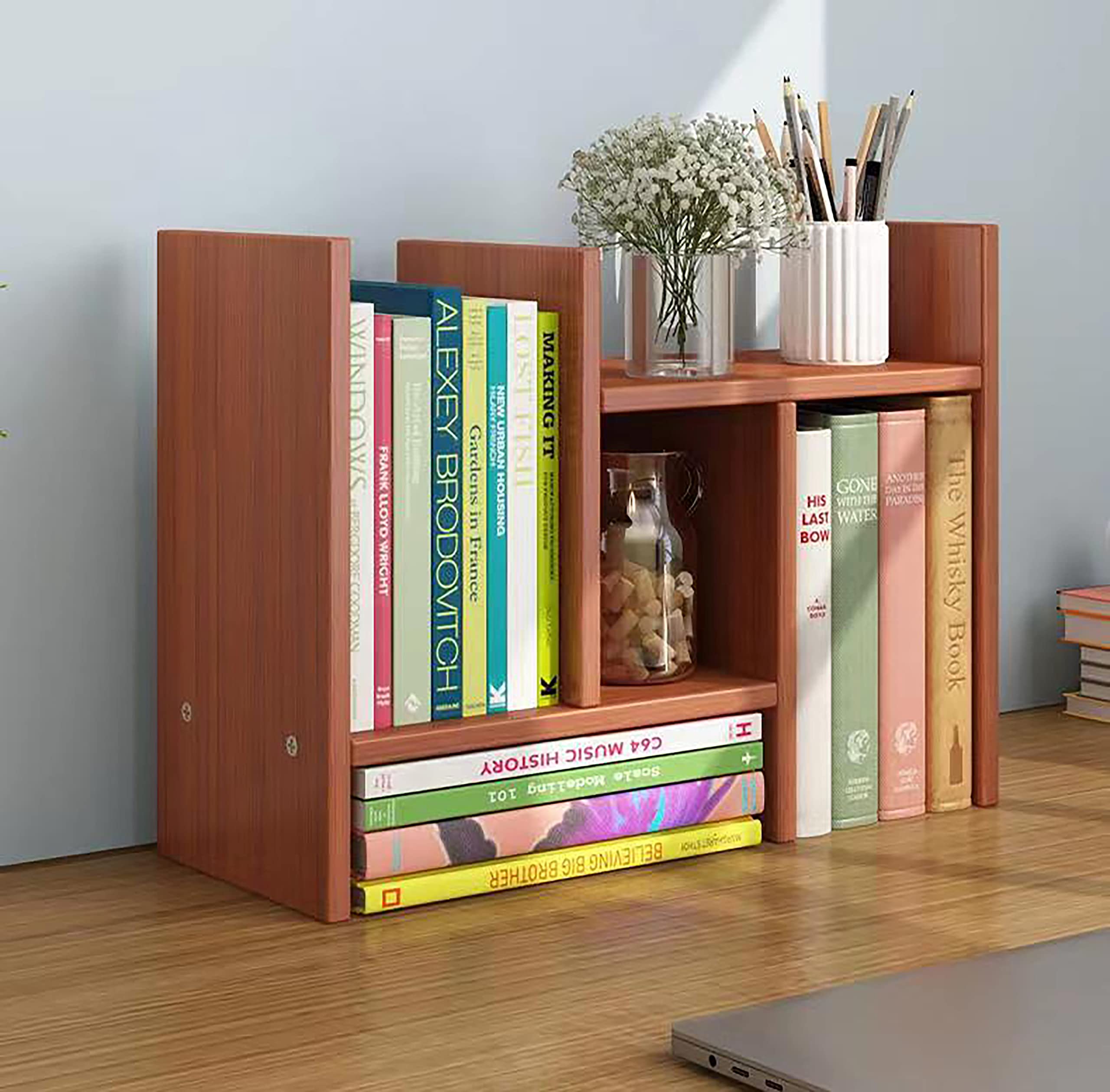 Adjustable Wooden Desktop Bookshelf Organizer - Office Desk Storage Rack, Book Display Shelf for Home & Office - Perfect for Books, Decor, and Office Supplies Organization (Natural Finish)