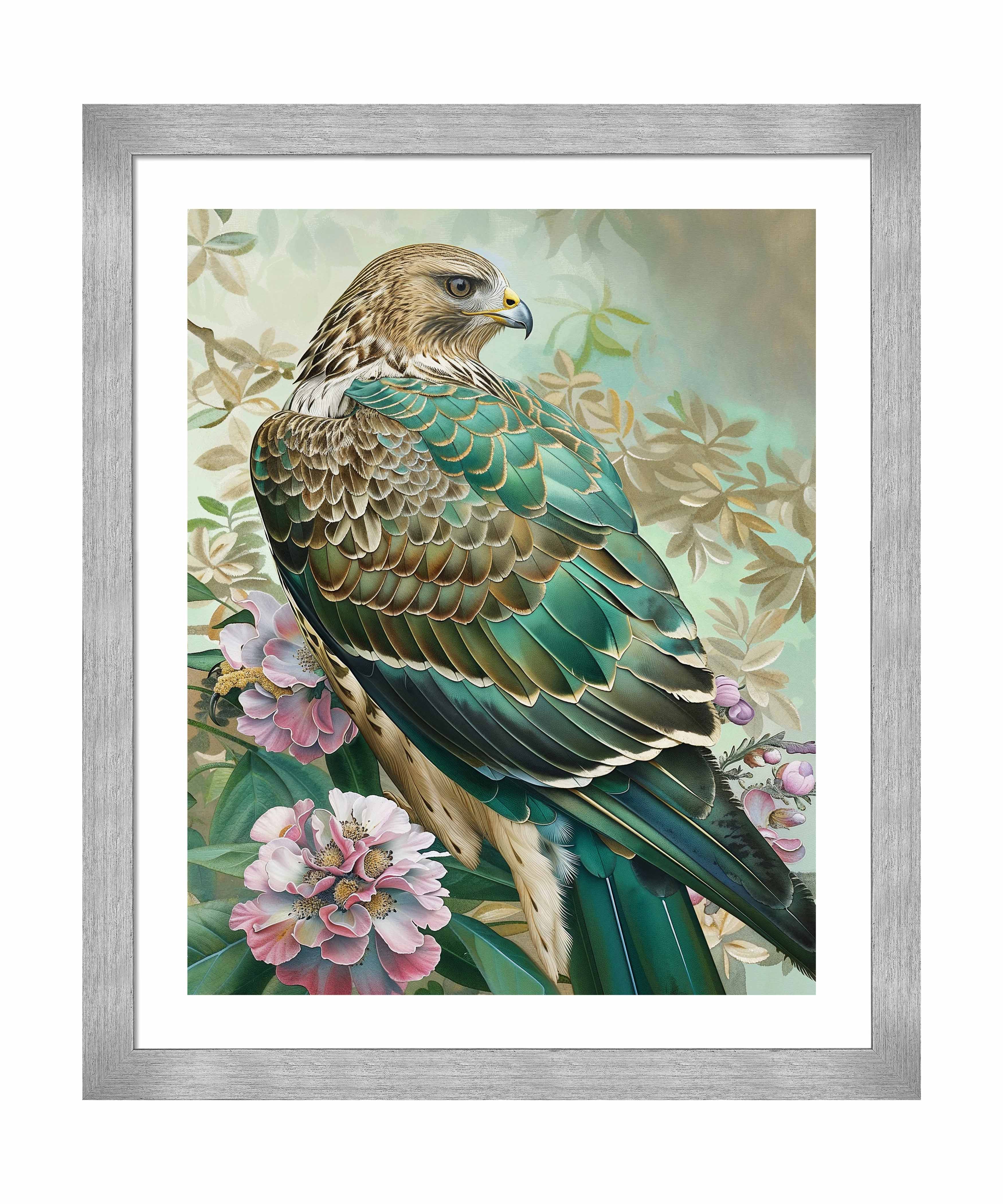 Emerald Majesty Hawk Amidst Blossoms Wall Art Print - Stunning Nature Wildlife Decor for Living Room, Bedroom & Office