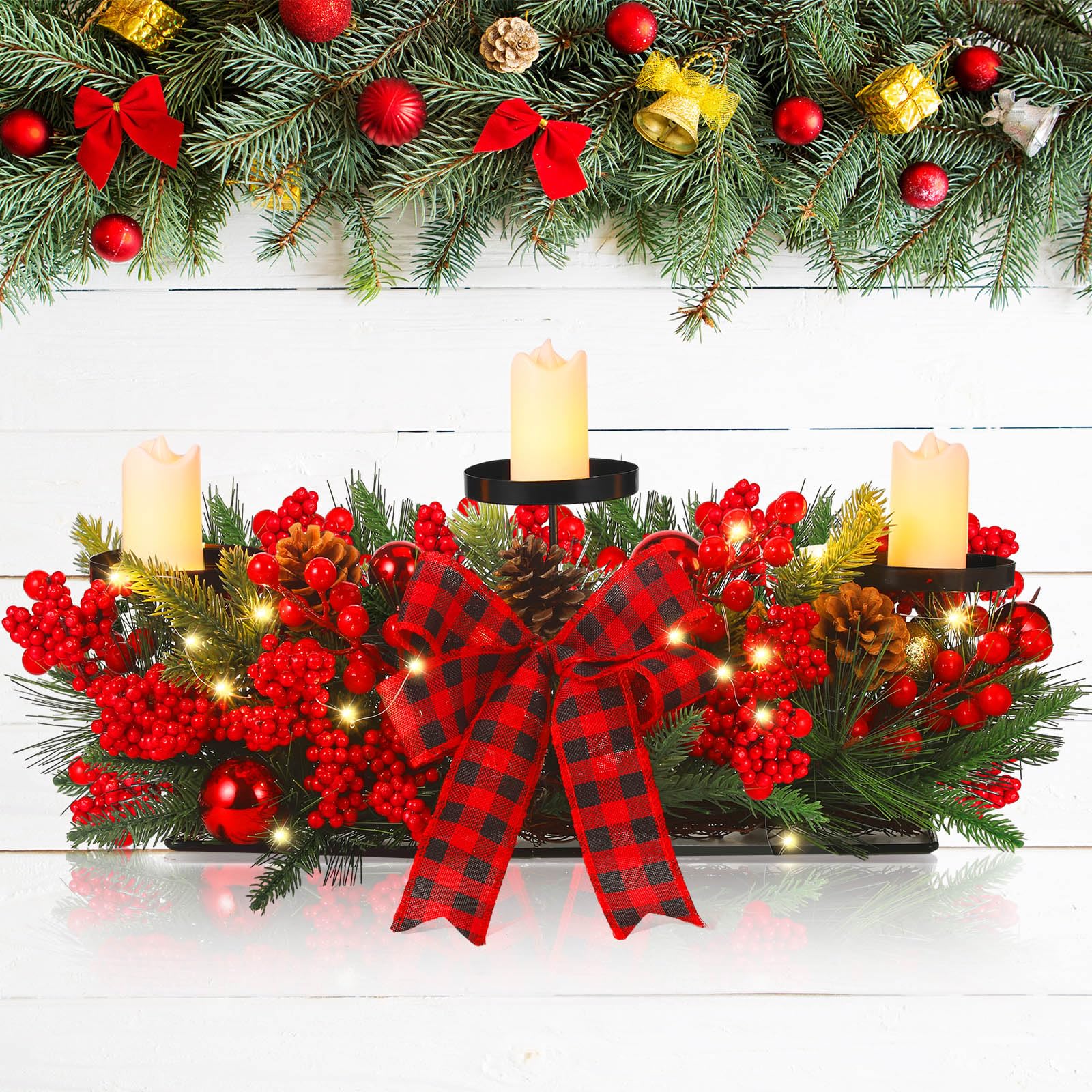 Christmas Triple Candelabrum Centerpiece with LED Candles, String Lights, Bow & Pine Cones - Elegant Holiday Table Decor for Dining Room, Fireplace Mantel & Christmas Party Decoration