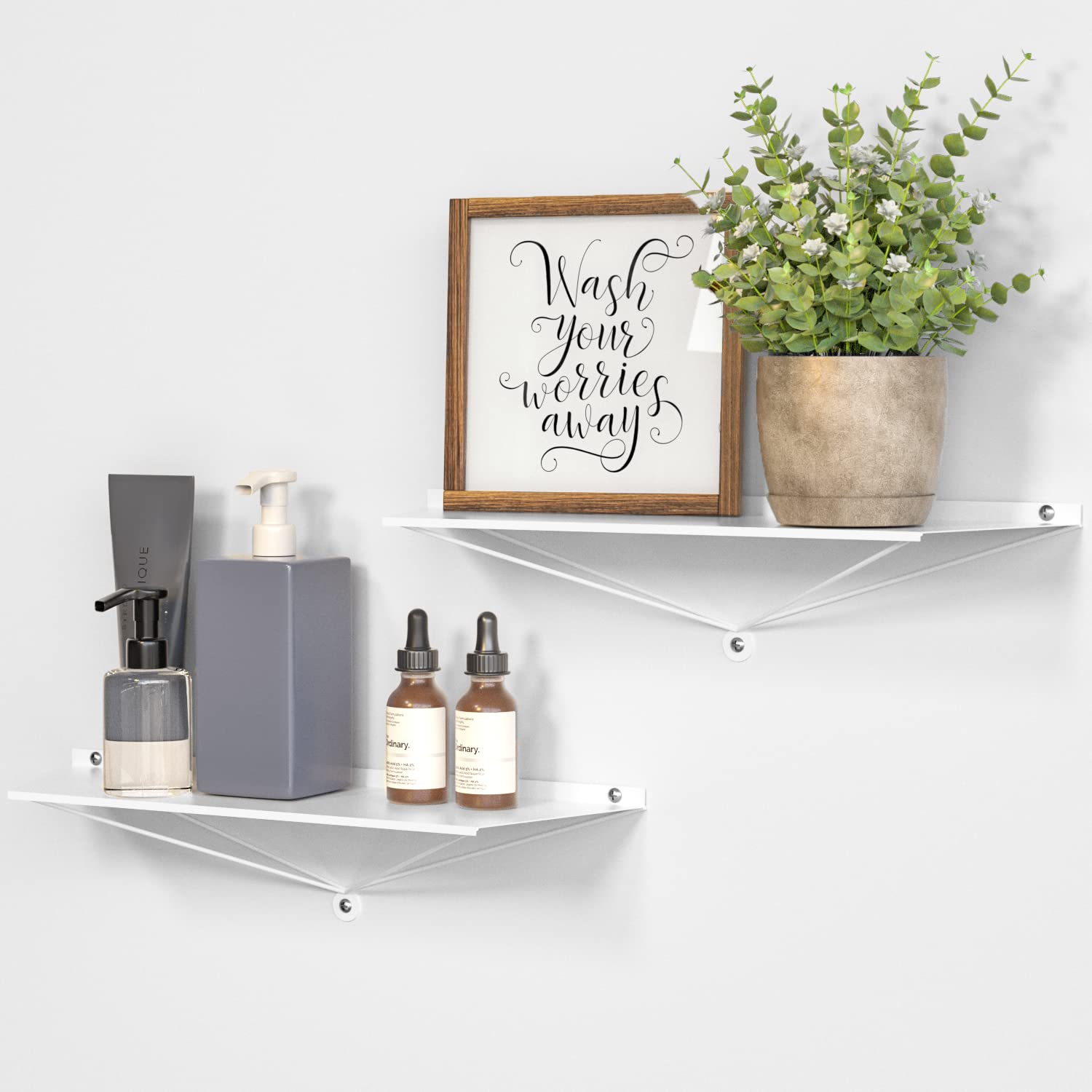 JJACKCUBE DESIGN Metal Floating Shelves - White Trapezoid Wall Mounted Shelves for Living Room, Bathroom & Kitchen | Space-Saving Display Organizer Rack | Perfect for Home Decor, Storage & Showcasing Collectibles