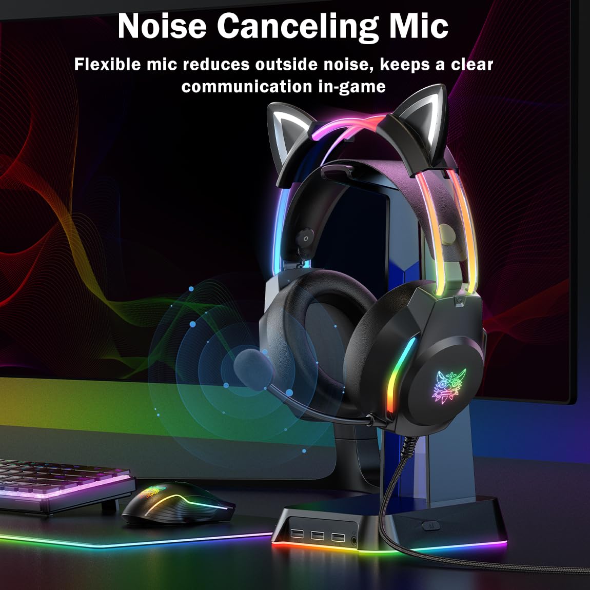 Cat Ear Gaming Headset with Microphone - RGB Rainbow LED Lights & Virtual 7.1 Surround Sound - Wired Over-Ear Headphones for PC, Laptop, PS4, PS5, Xbox, Nintendo Switch - Perfect for Streaming, Esports & Late-Night Gaming Sessions