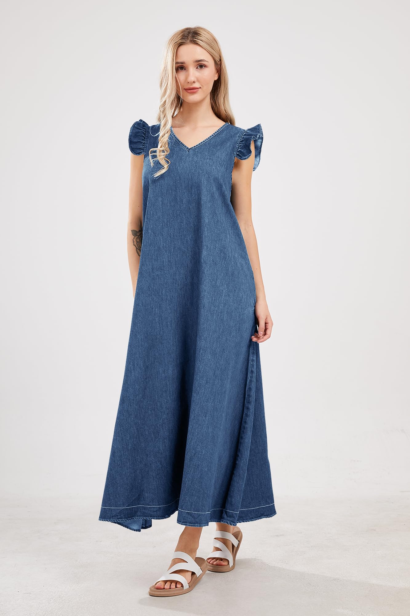 UTCoco Women's Long Denim Dress - Casual Loose Fit Ruffle Sleeveless V-Neck Maxi Dress for Summer 2025 | Beach Cover Up, Boho Outfit, Streetwear Fashion
