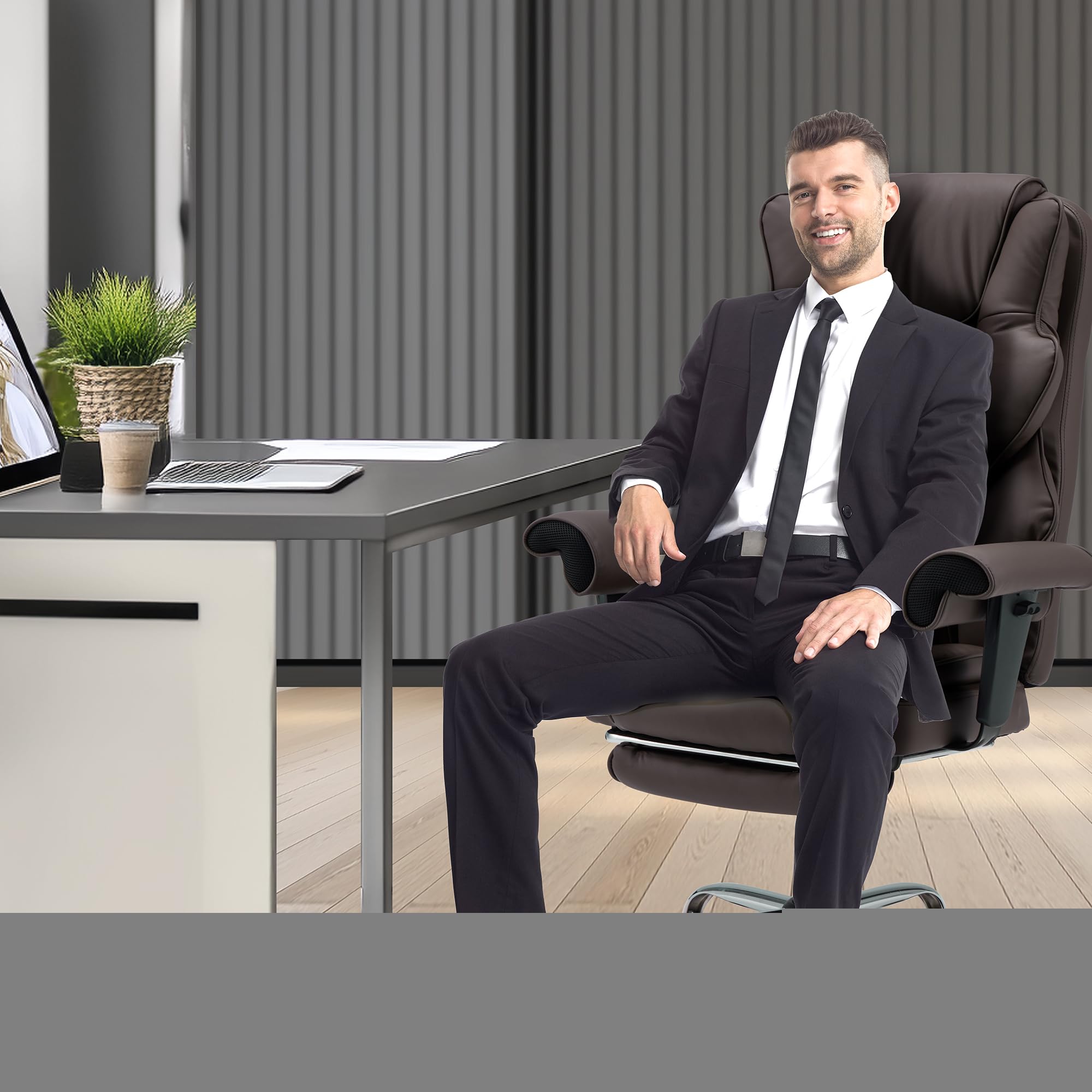 HOMREST 6-Point Massage Executive Office Chair with Heating - Ergonomic Leather Computer Desk Chair, Adjustable Armrests, Retractable Footrest & Reclining Function (Chocolate Brown) - Perfect for Home Office, Gaming & Workspace Comfort