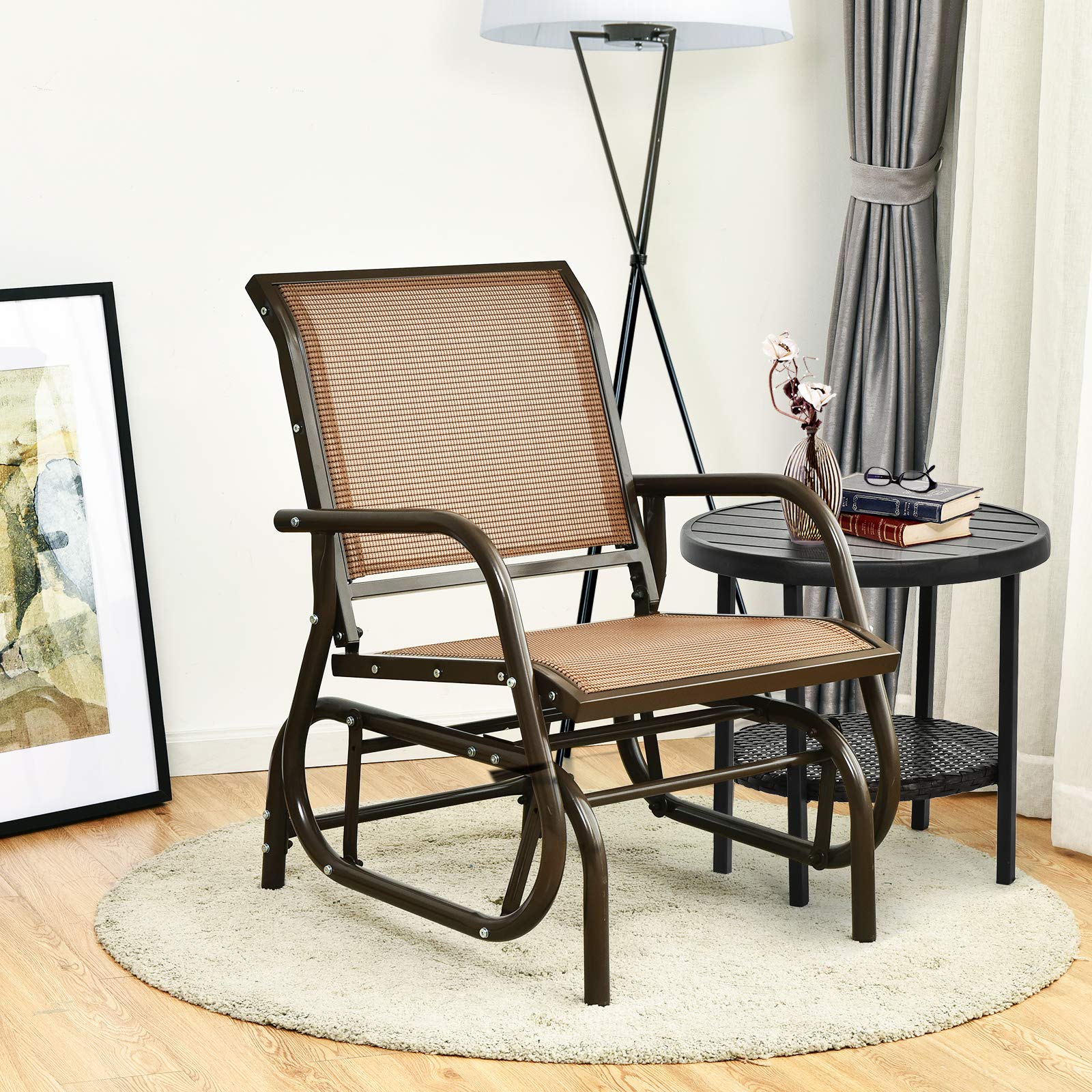 Giantex Outdoor Swing Glider Chair with Sturdy Metal Frame - Comfortable Patio Love Seat for Garden, Porch, Backyard, Poolside & Lawn - Brown Rocking Chair for Relaxing, Reading & Enjoying Nature