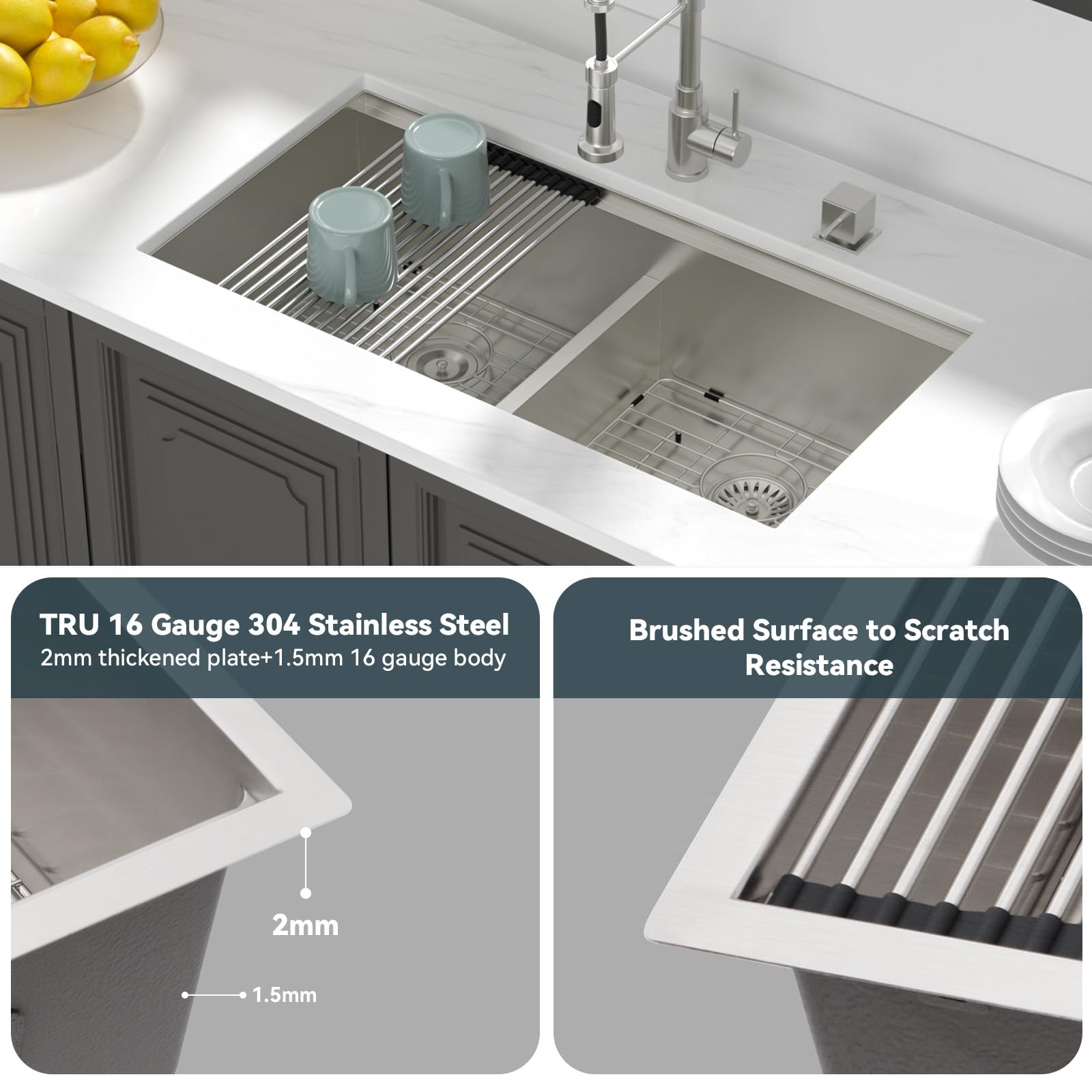 Lordear 36 Inch Undermount Double Bowl Stainless Steel Kitchen Sink - 50/50 Low Divided 16 Gauge, 36x19x10 Inch Handmade Sink for Modern Kitchens | Perfect for Meal Prep, Dishwashing & Entertaining