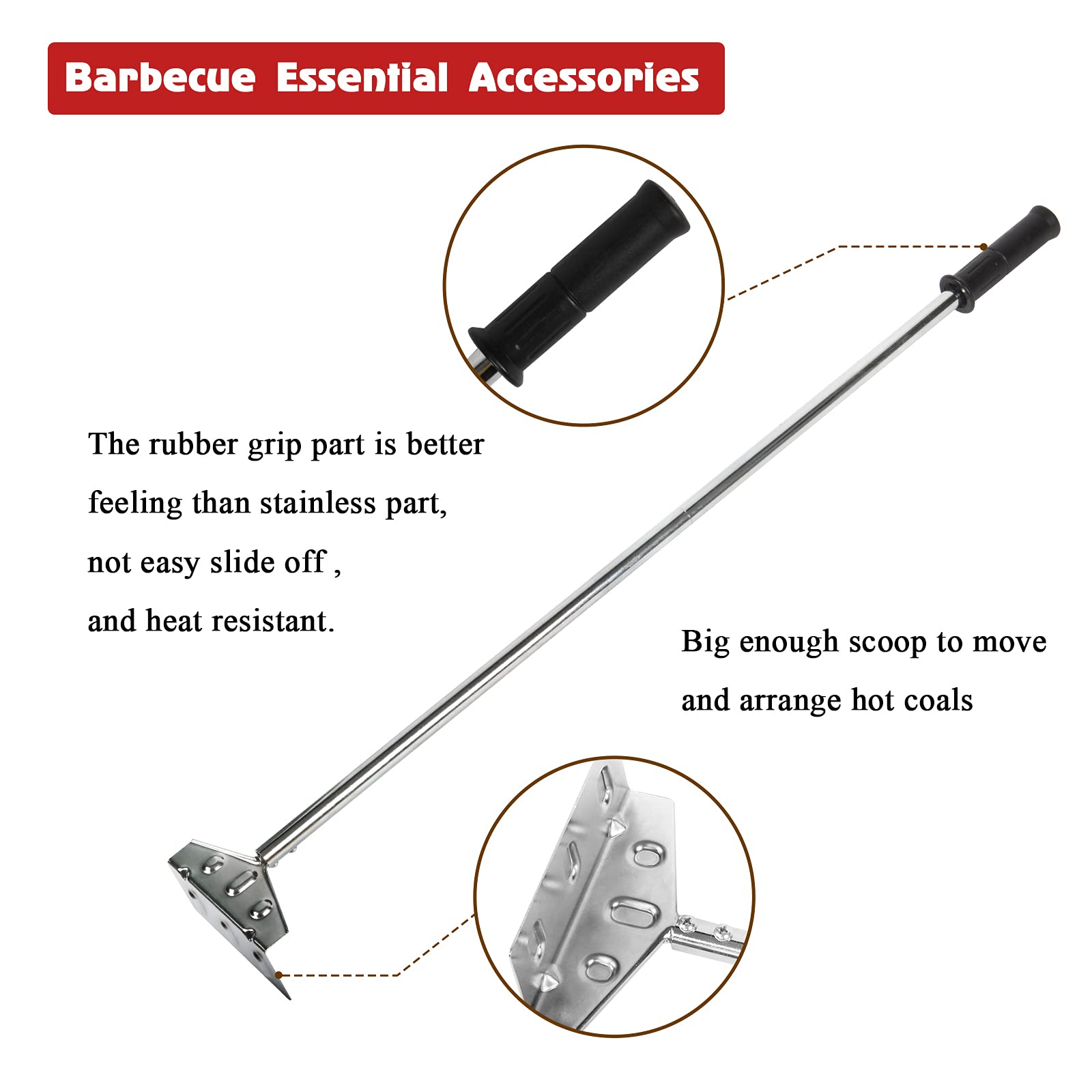 Heavy Duty Charcoal Grill Rake with Rubber Handle - 32 Inch Ash Tool for Kettle Grills & Pizza Ovens - Perfect for Backyard BBQs, Camping & Outdoor Cooking