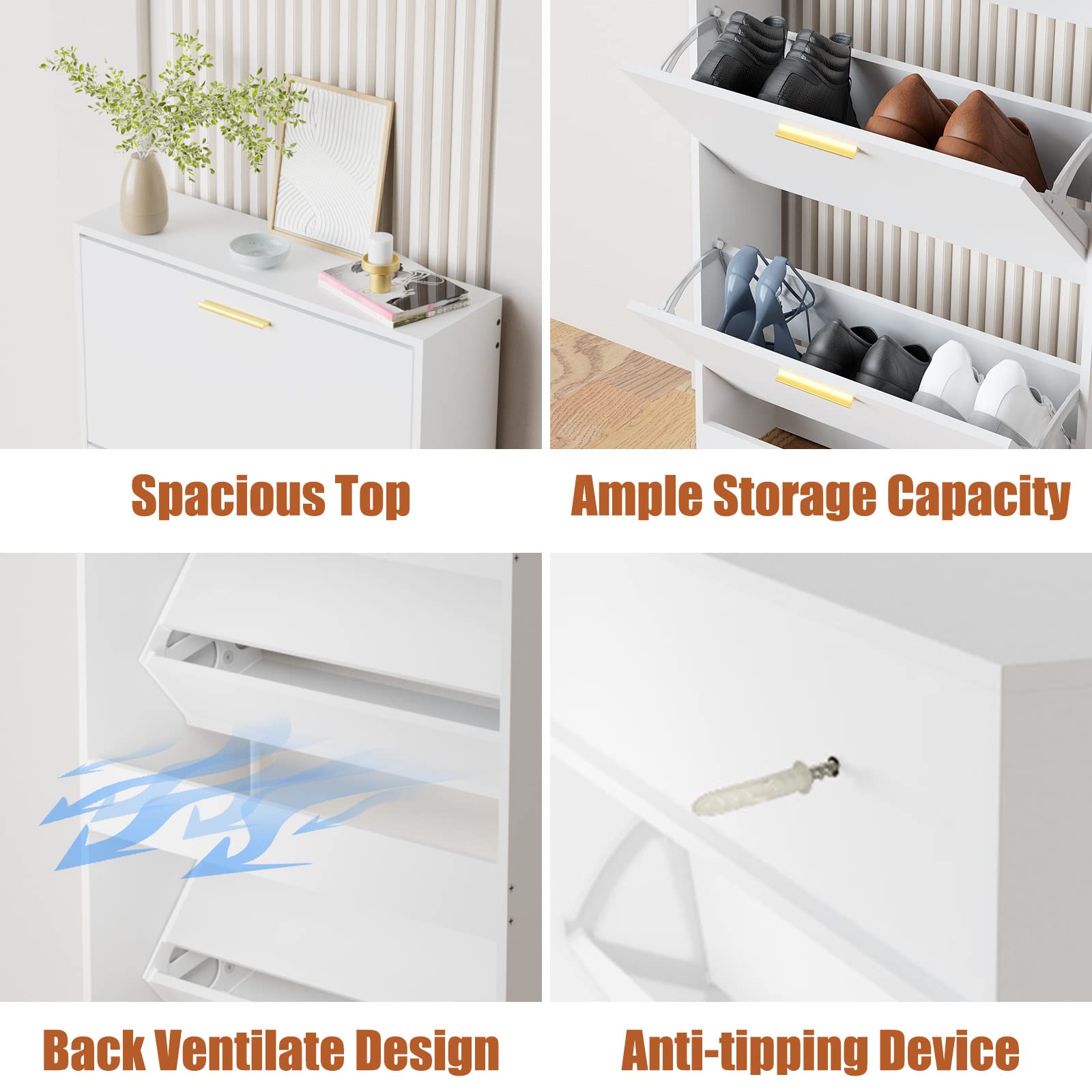 JOZZBY White Slim Shoe Cabinet with 3 Flip Drawers - Modern Freestanding Shoe Storage Organizer for Entryway, Hallway & Living Room | Space-Saving Narrow Shoe Rack for Small Spaces & Apartments
