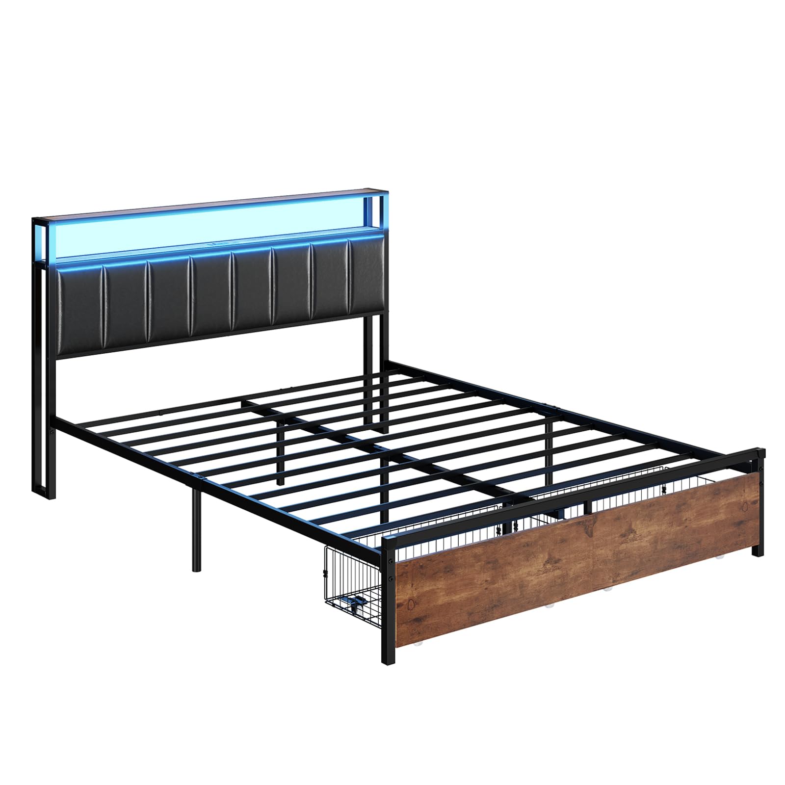 AMERLIFE LED Queen Size Bed Frame with 2-Tier Storage Drawers, Leather Upholstered Platform Bed with USB Charging Station Headboard - No Box Spring Needed, Easy Assembly, Noise Free, Rustic Brown - Perfect for Small Bedrooms, Guest Rooms & Modern Home Decor