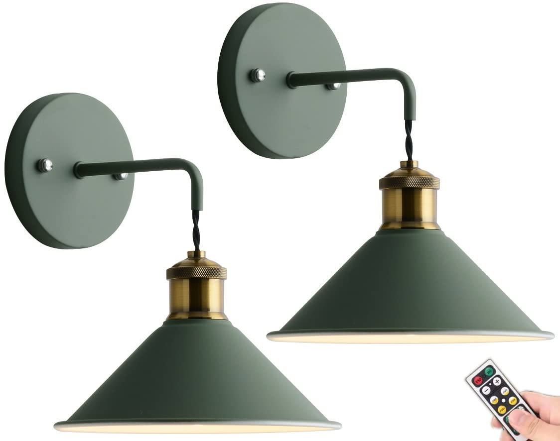LSR Modern Wall Sconces Lighting - Battery Operated LED Wall Lights with Remote Control (Set of 2) - Dimmable Metal Sconce Fixtures for Bedroom, Living Room & Reading Nook - Indoor Hanging Light Fixtures in Green - Perfect for Ambient Lighting & Space-Saving Decor